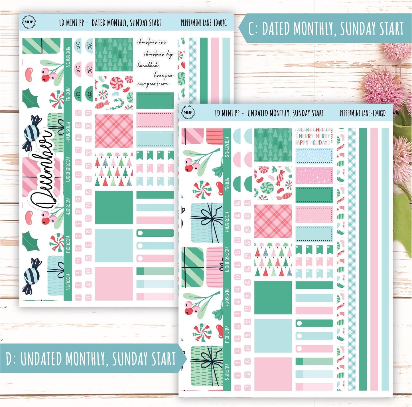DECEMBER Stickers for The Rose Small Laurel Denise Planner (Formerly Mini Project Planner) "Peppermint Lane" || LD408PL