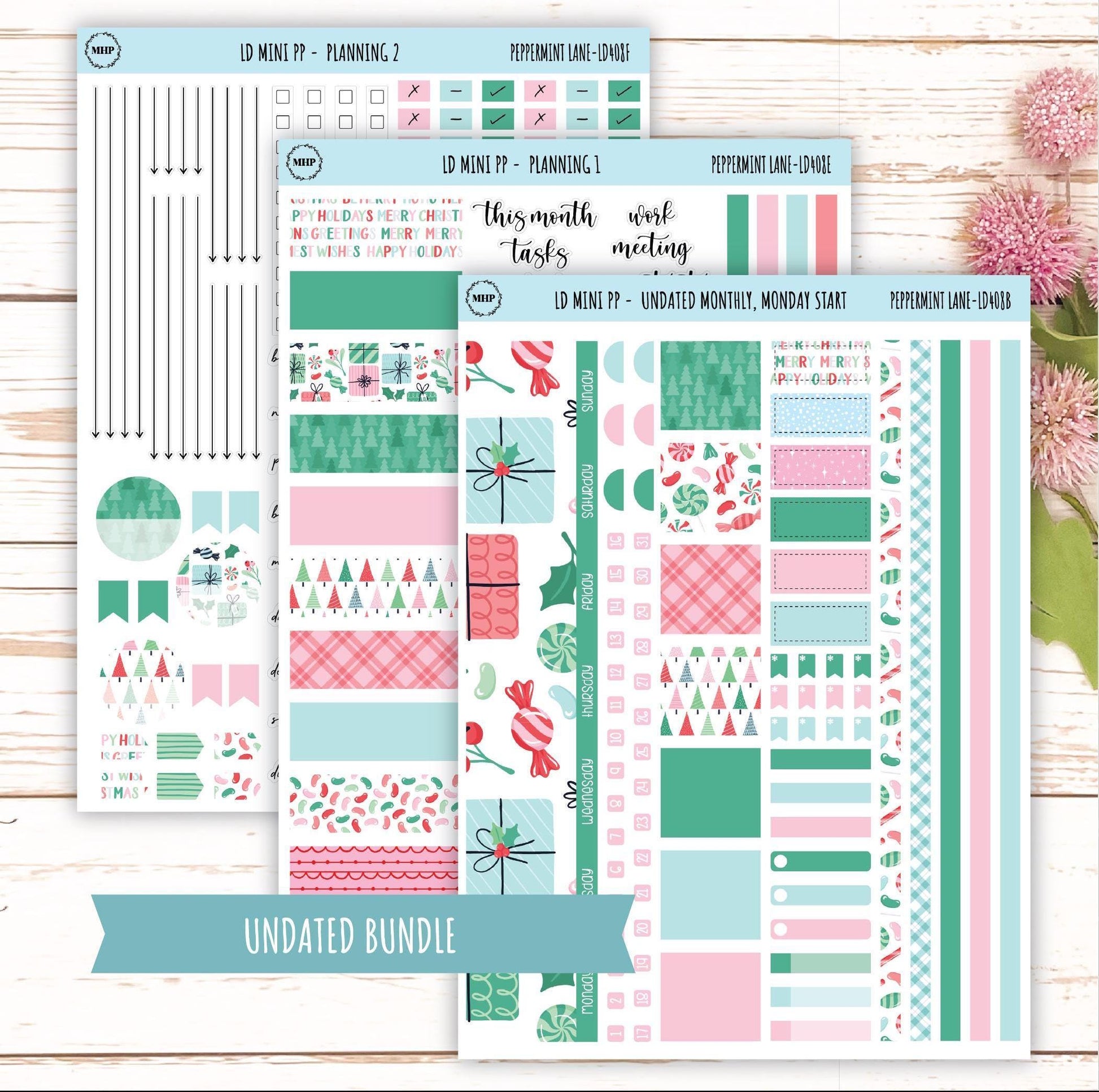 DECEMBER Stickers for The Rose Small Laurel Denise Planner (Formerly Mini Project Planner) "Peppermint Lane" || LD408PL
