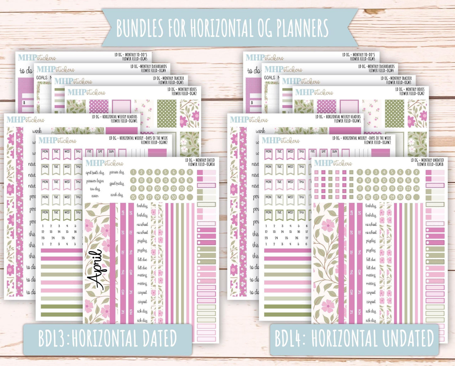 APRIL 2025 Stickers for Large size Horizontal & Vertical Laurel Denise Planner. (Formerly Original or Standar Size) "Flower Field" || OGFF