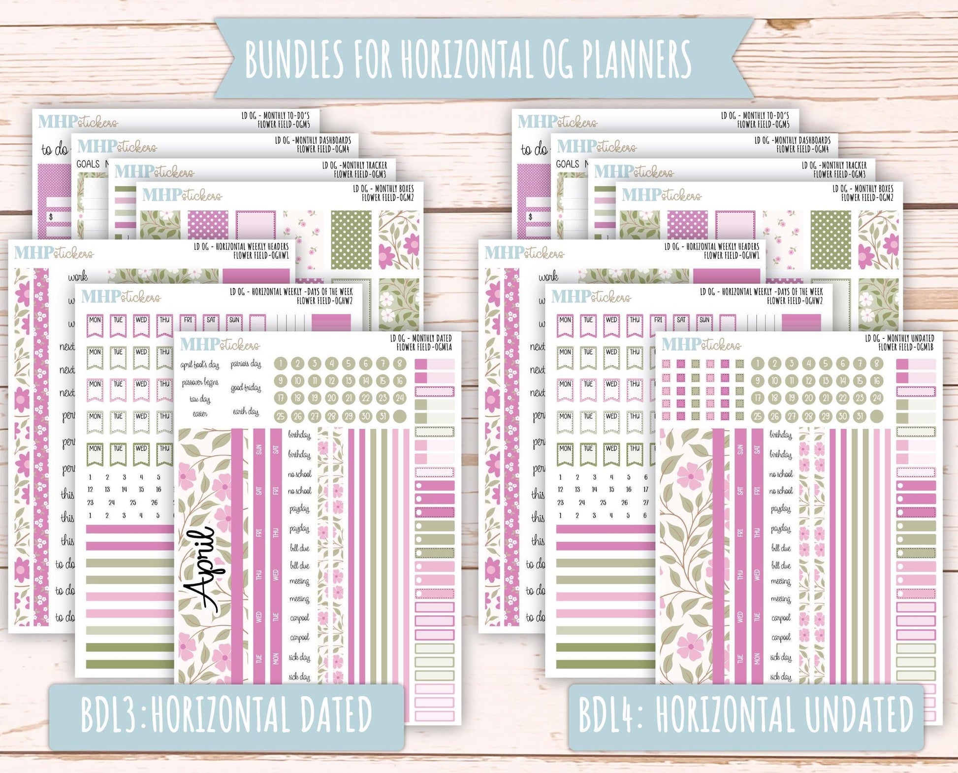 APRIL 2025 Stickers for Large size Horizontal & Vertical Laurel Denise Planner. (Formerly Original or Standar Size) "Flower Field" || OGFF