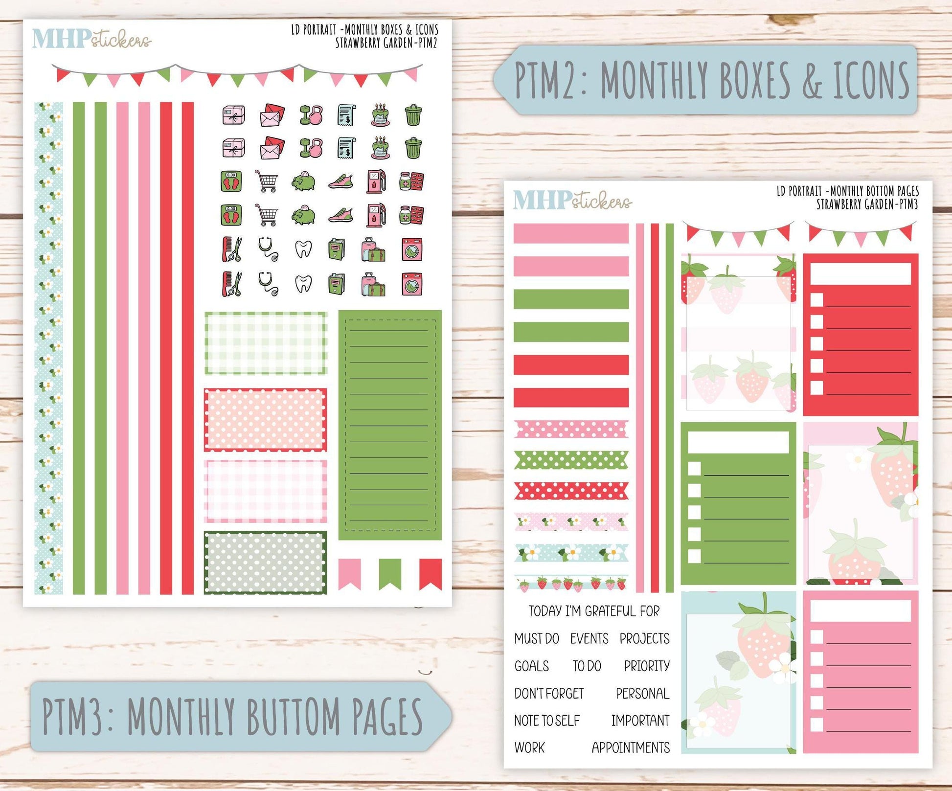 MAY 2025 Stickers for The Scout Laurel Denise Planner (formerly Portrait Planner). "Strawberry Garden" || PTSG