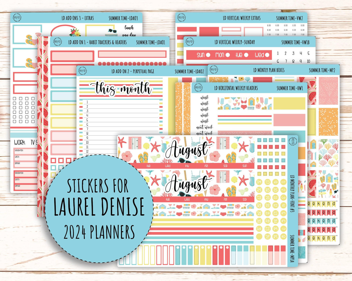 August Stickers for Large size Horizontal & Vertical Laurel Denise Planner. (Formerly Original or Standar Size) "Summer Time" || MPST