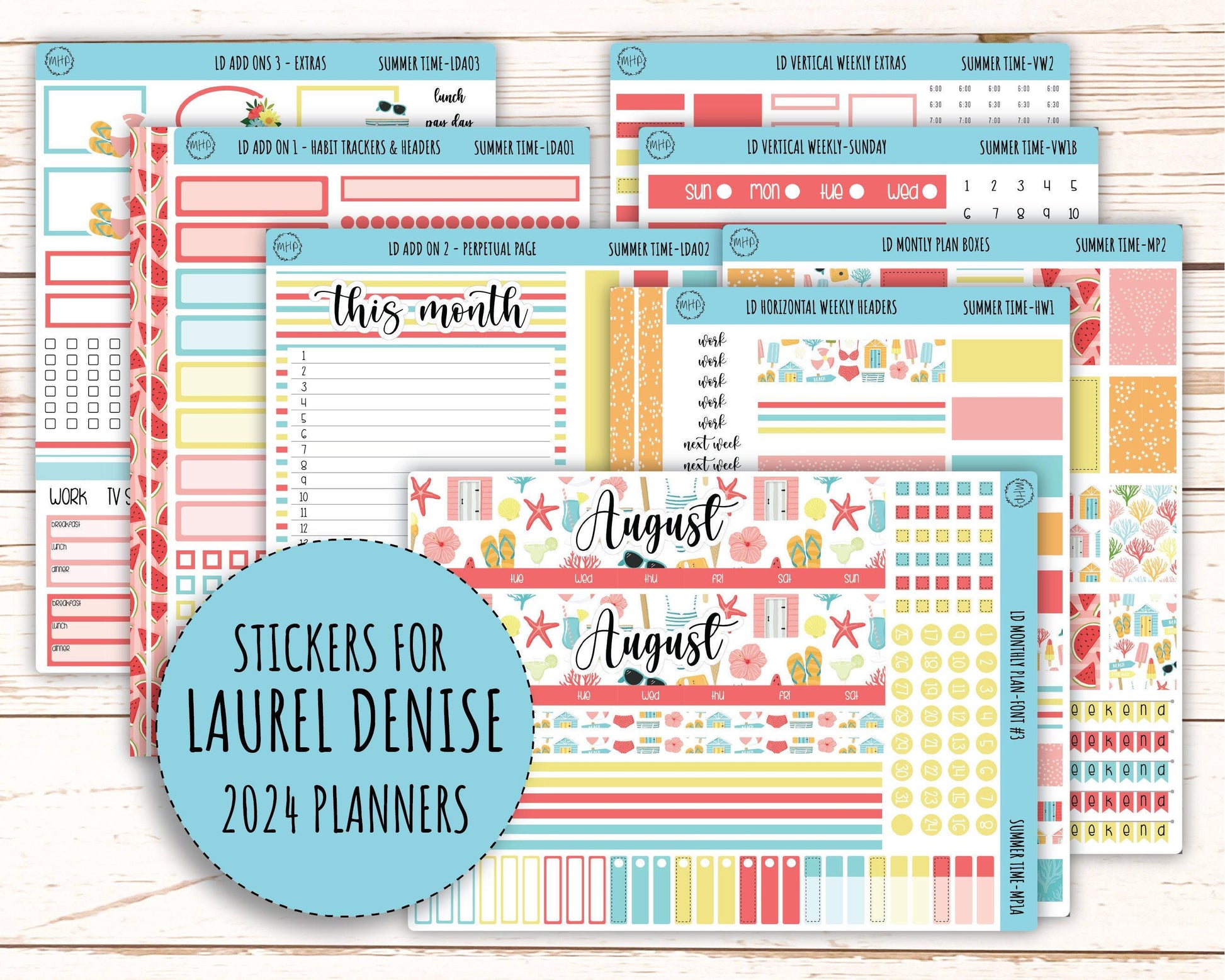 August Stickers for Large size Horizontal & Vertical Laurel Denise Planner. (Formerly Original or Standar Size) "Summer Time" || MPST