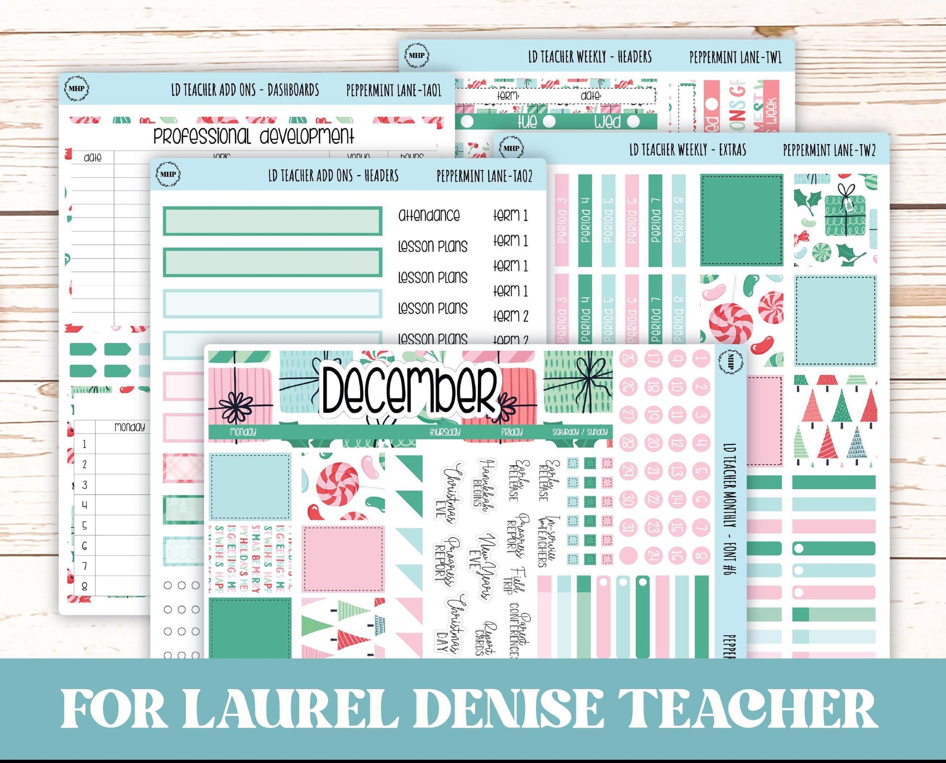 DECEMBER Stickers for The Valerie Laurel Denise Planner (Formerly Teacher Planner) "Peppermint Lane" || TPL