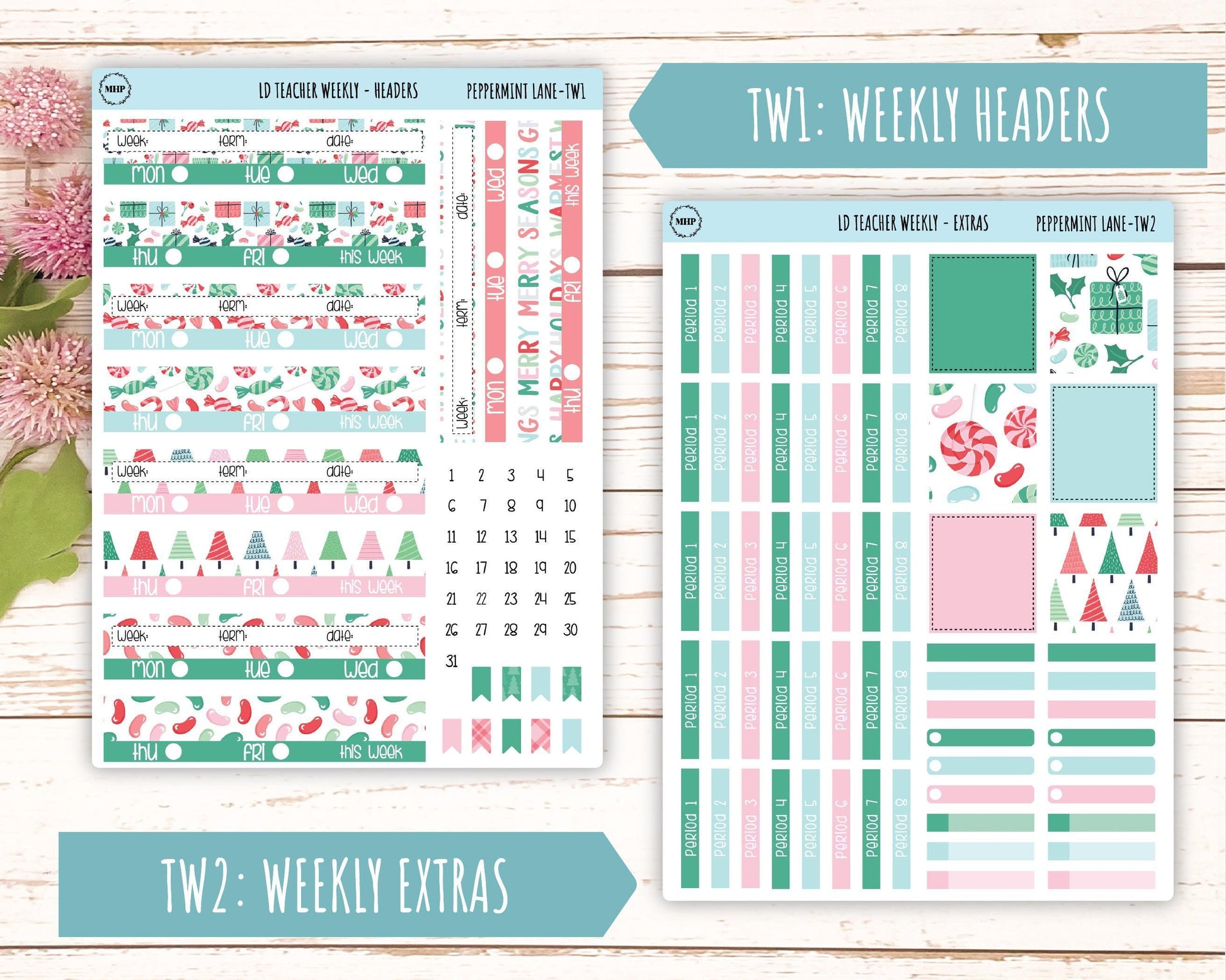 DECEMBER Stickers for The Valerie Laurel Denise Planner (Formerly Teacher Planner) "Peppermint Lane" || TPL