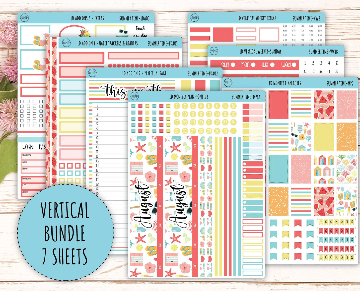 August Stickers for Large size Horizontal & Vertical Laurel Denise Planner. (Formerly Original or Standar Size) "Summer Time" || MPST