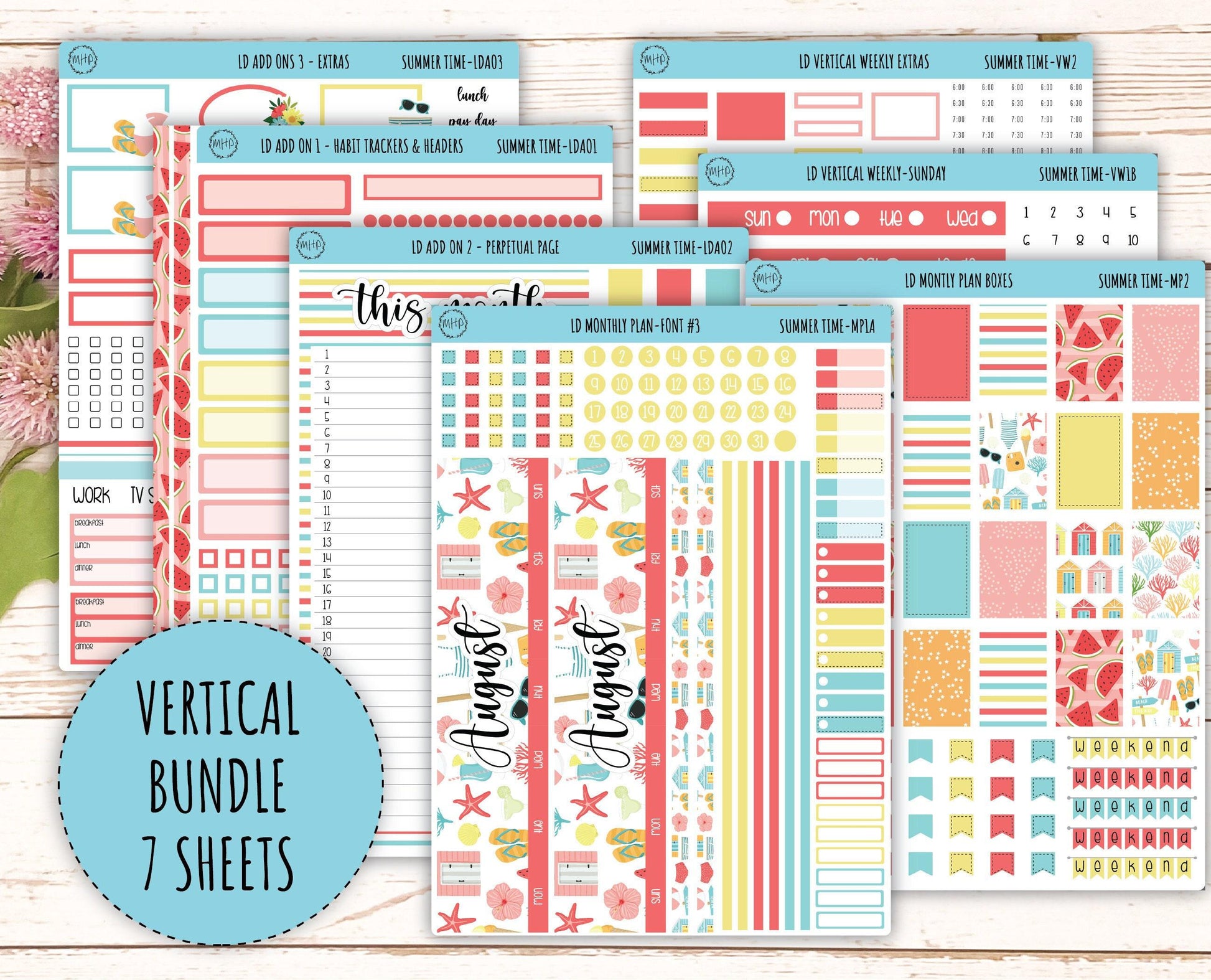 August Stickers for Large size Horizontal & Vertical Laurel Denise Planner. (Formerly Original or Standar Size) "Summer Time" || MPST