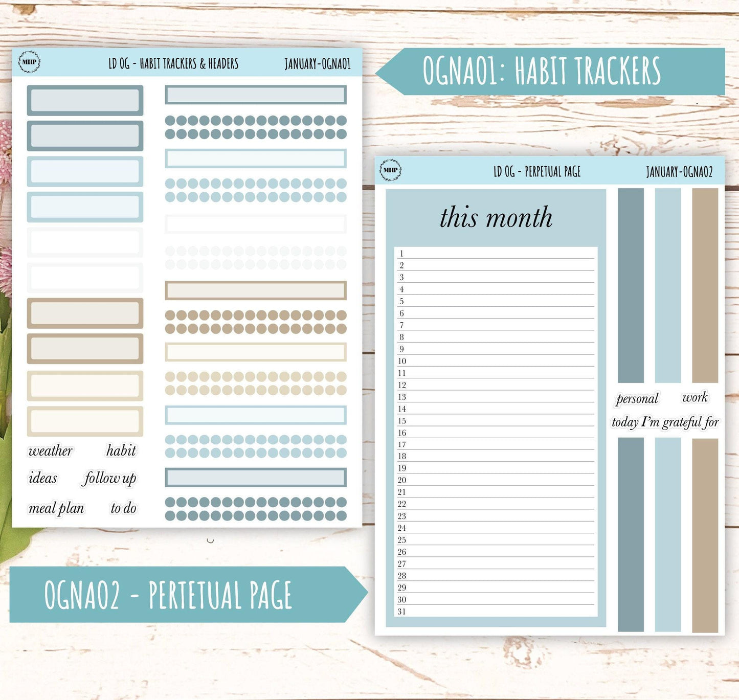 Neutral Color Stickers for Large size Horizontal & Vertical Laurel Denise Planner. (Formerly Original or Standar Size) JANUARY || OGNJAN
