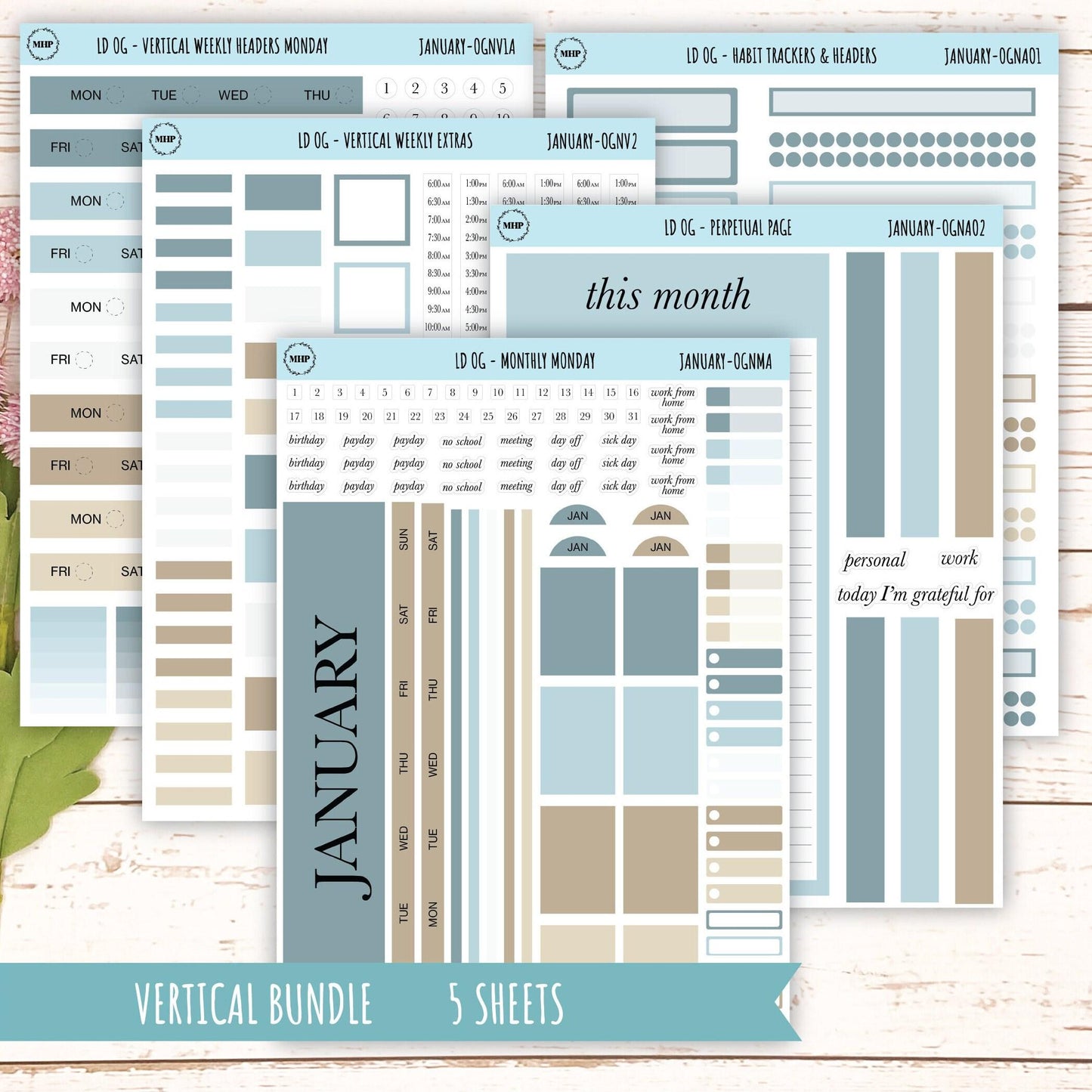 Neutral Color Stickers for Large size Horizontal & Vertical Laurel Denise Planner. (Formerly Original or Standar Size) JANUARY || OGNJAN
