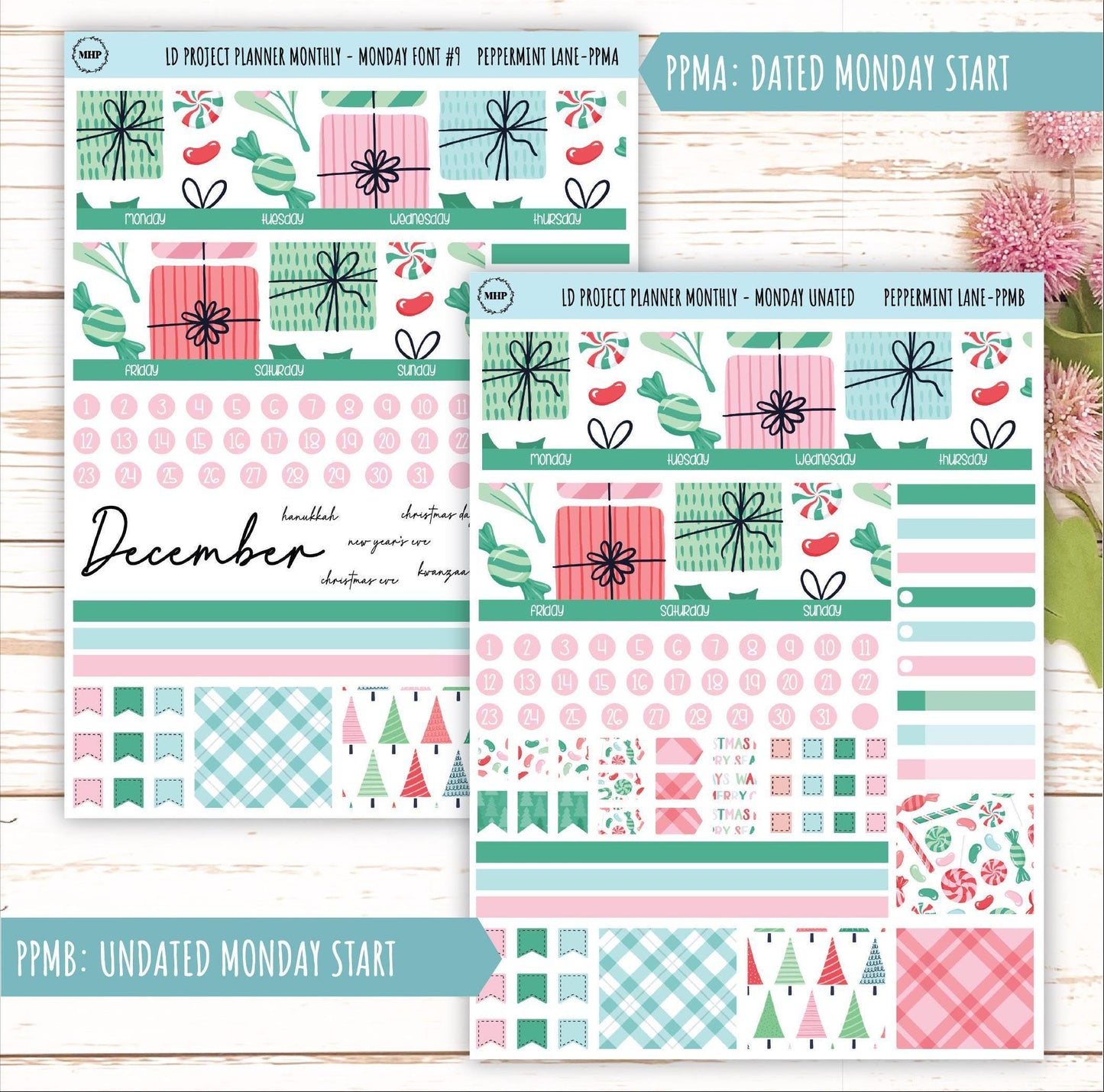 DECEMBER Stickers for The Rose Large Laurel Denise Planner (Formerly Project Planner) "Peppermint Lane" || PPPL