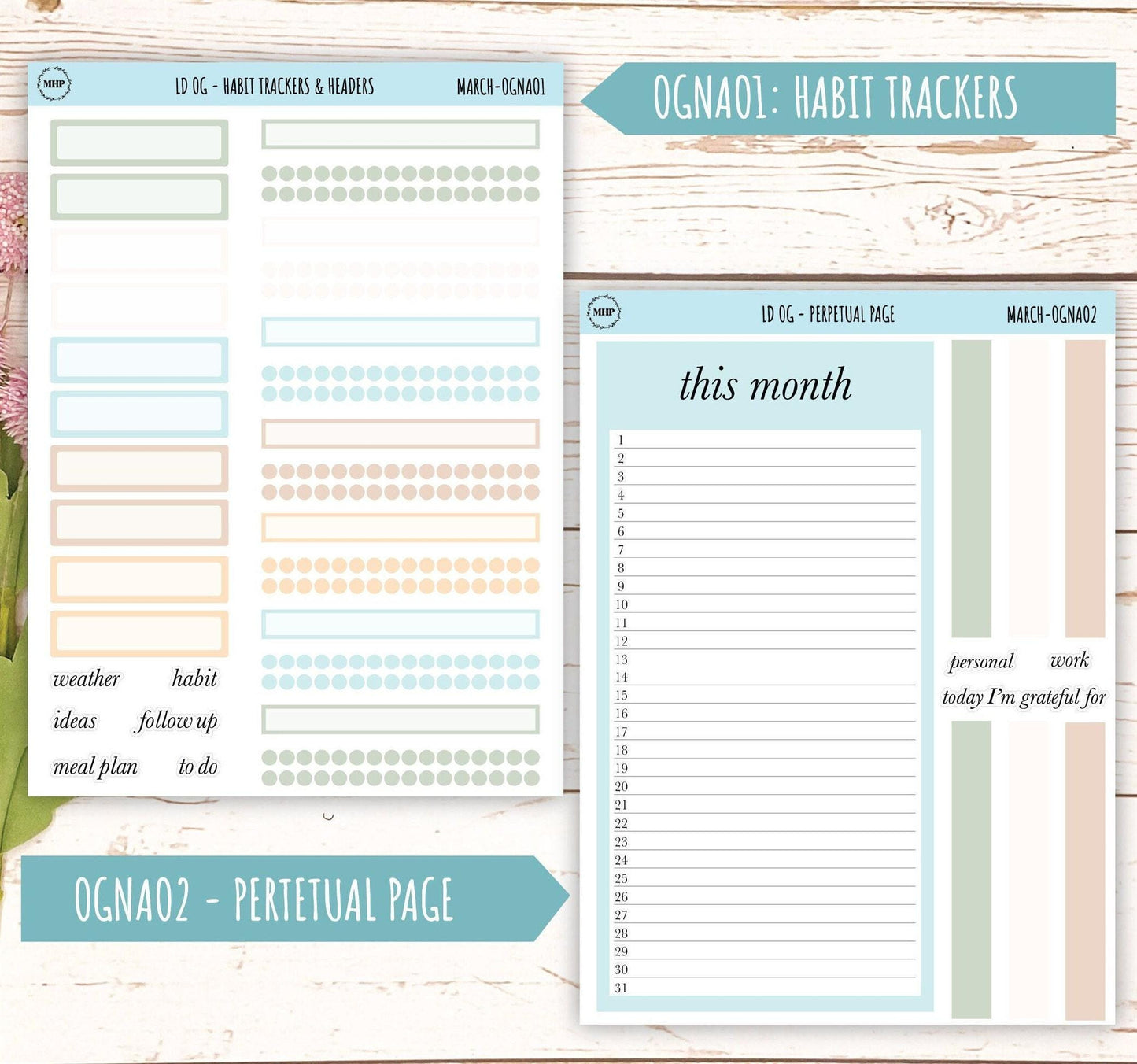 Neutral Color Stickers for Large size Horizontal & Vertical Laurel Denise Planner. (Formerly Original or Standar Size) MARCH || OGNMAR