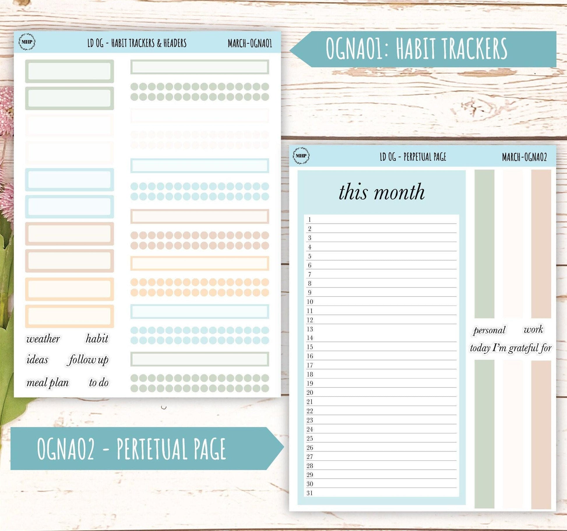 Neutral Color Stickers for Large size Horizontal & Vertical Laurel Denise Planner. (Formerly Original or Standar Size) MARCH || OGNMAR