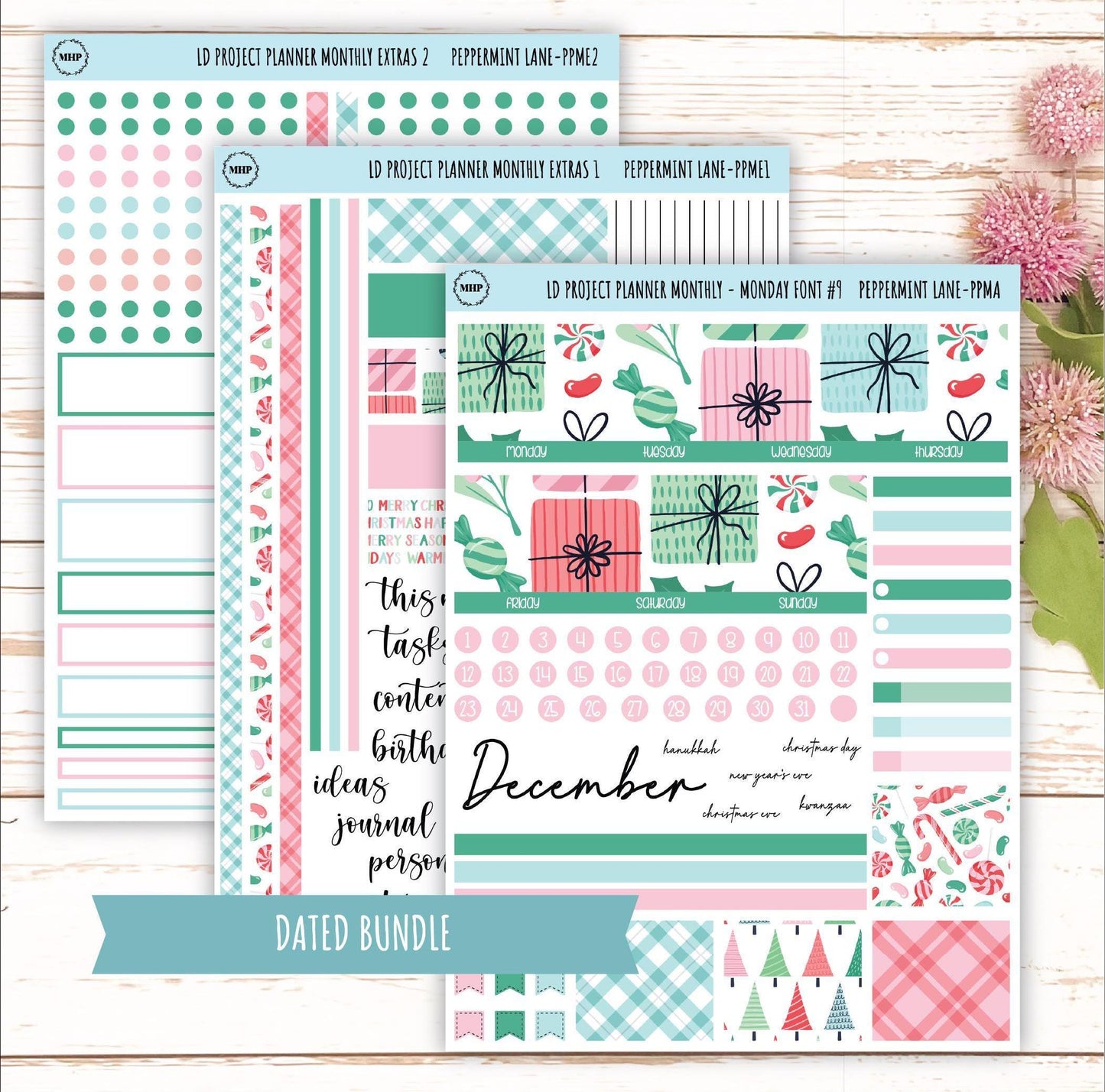 DECEMBER Stickers for The Rose Large Laurel Denise Planner (Formerly Project Planner) "Peppermint Lane" || PPPL