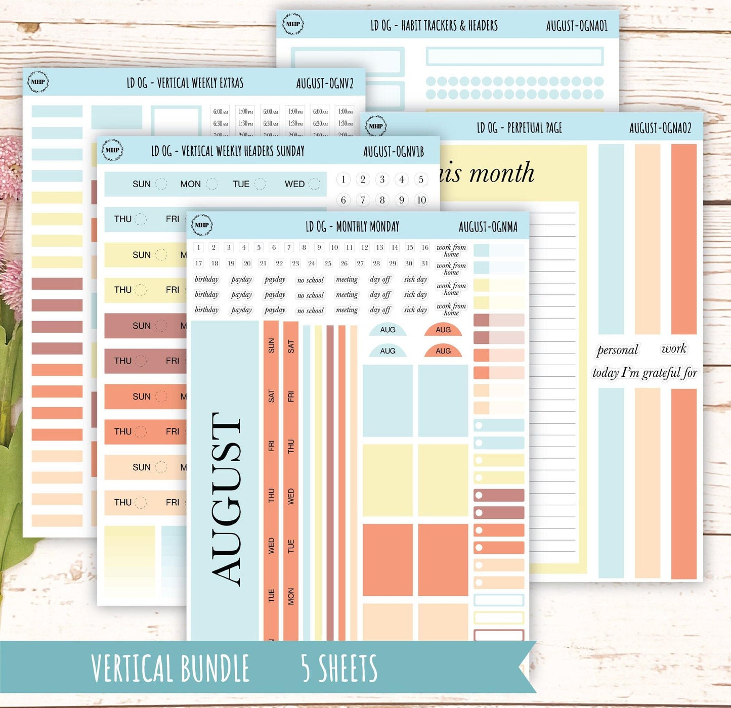 Neutral Color Stickers for Large size Horizontal & Vertical Laurel Denise Planner. (Formerly Original or Standar Size) AUGUST || OGNAUG