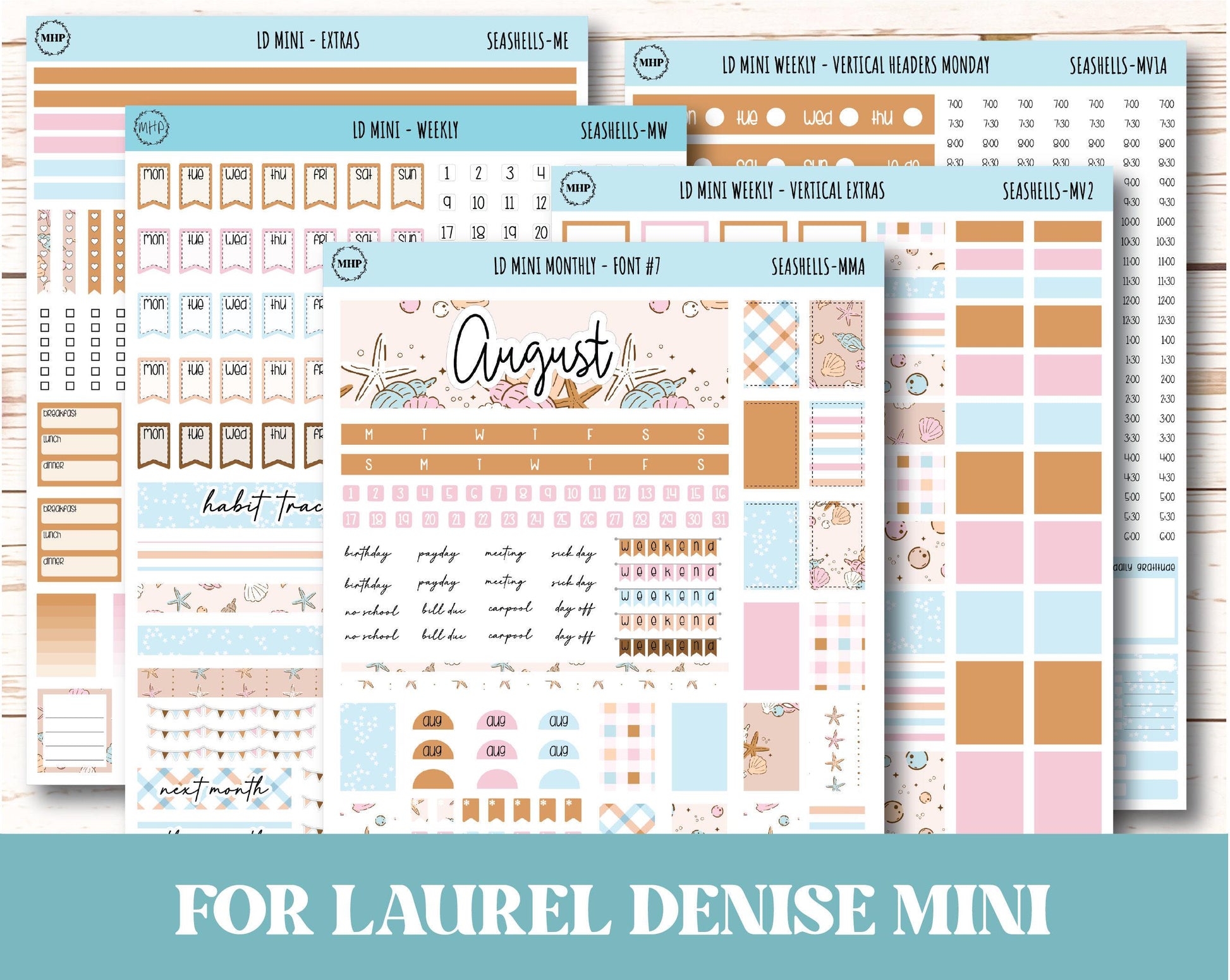 August Stickers for Small Horizontal & Vertical Laurel Denise Planners. (Formerly Mini Planner) "Seashells" || MSH