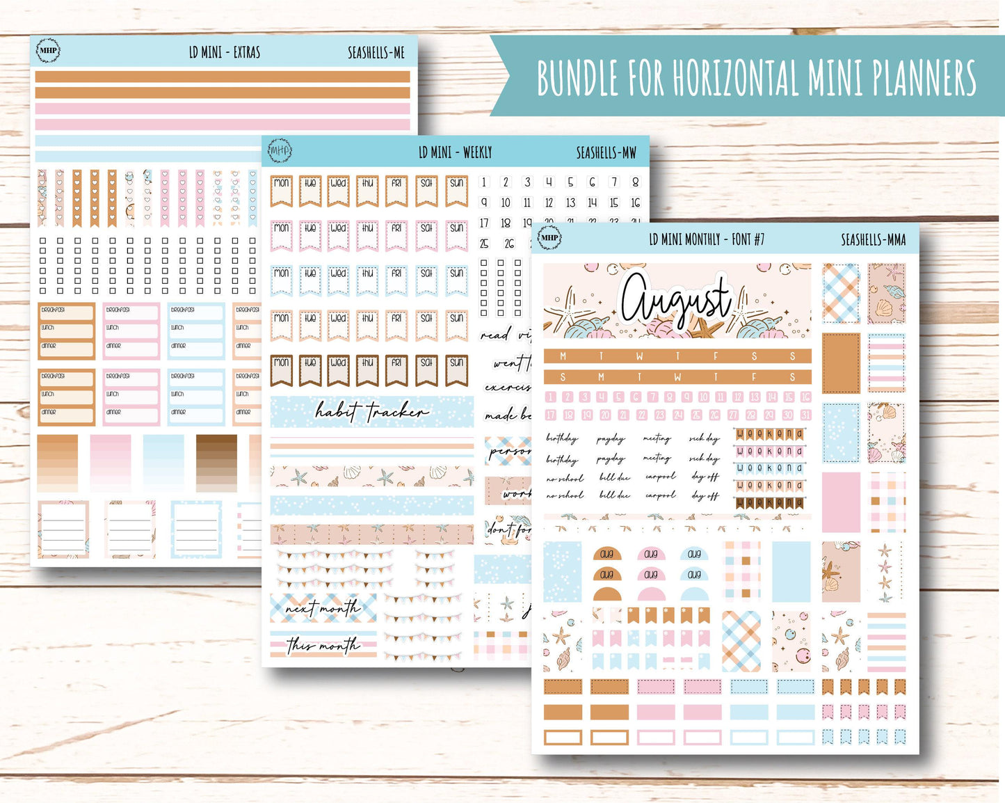 August Stickers for Small Horizontal & Vertical Laurel Denise Planners. (Formerly Mini Planner) "Seashells" || MSH
