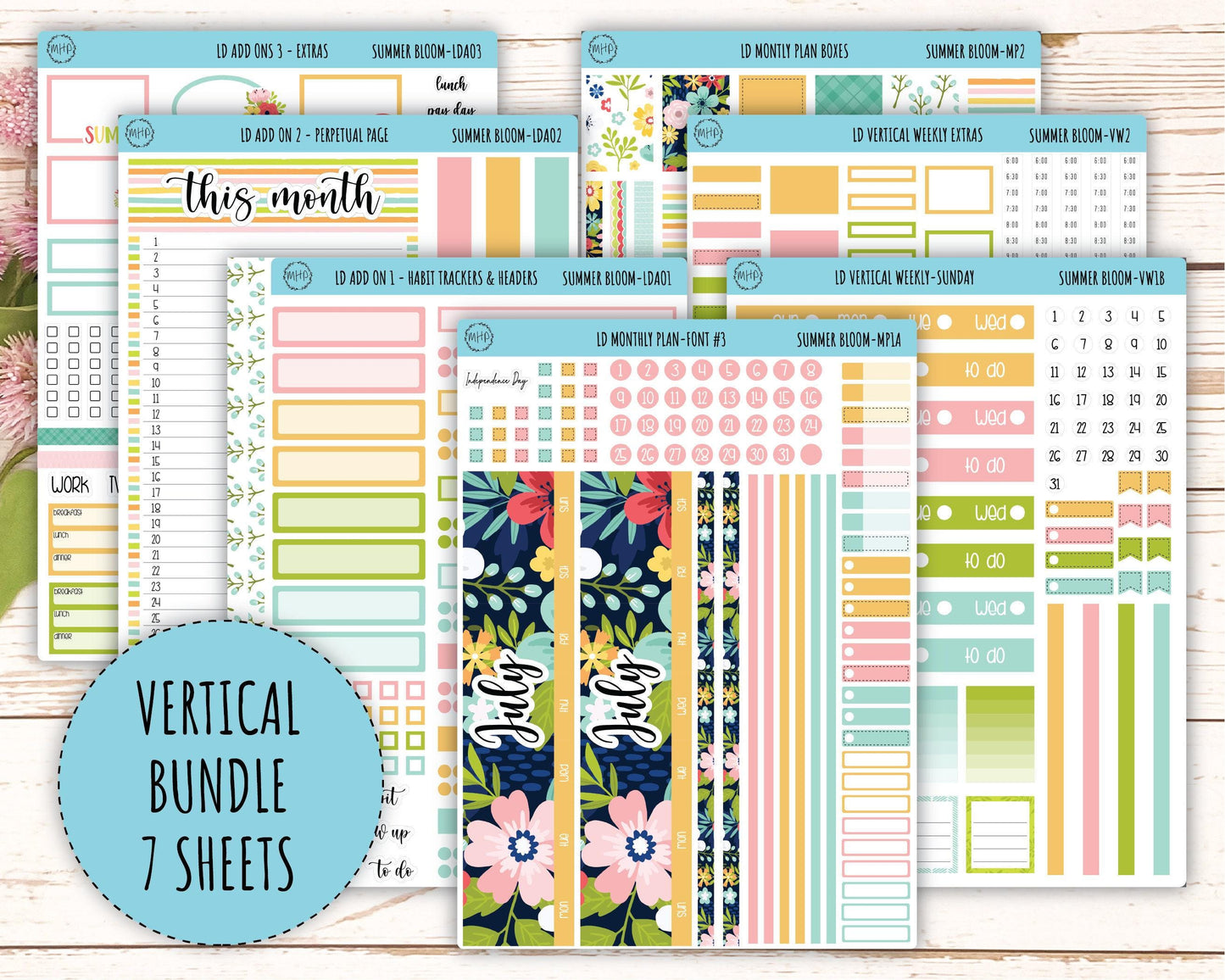 July Sticker for Large size Horizontal & Vertical Laurel Denise Planner. (Formerly Original or Standar Size) "Summer Bloom" || MPSB
