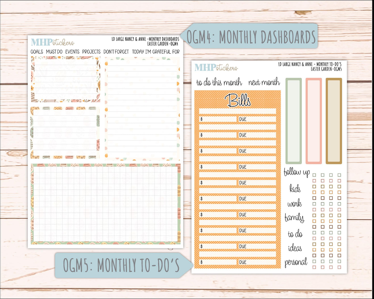 APRIL 2026 Stickers for Large Nancy & Anne Planners (Formerly Original Size). For Laurel Denise Planners. "Easter Garden" || OG