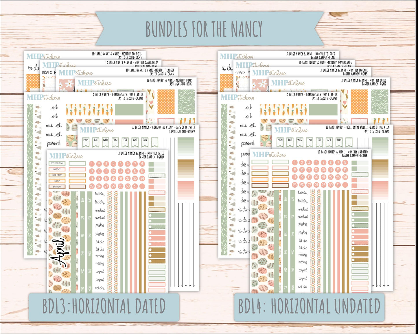 APRIL 2026 Stickers for Large Nancy & Anne Planners (Formerly Original Size). For Laurel Denise Planners. "Easter Garden" || OG