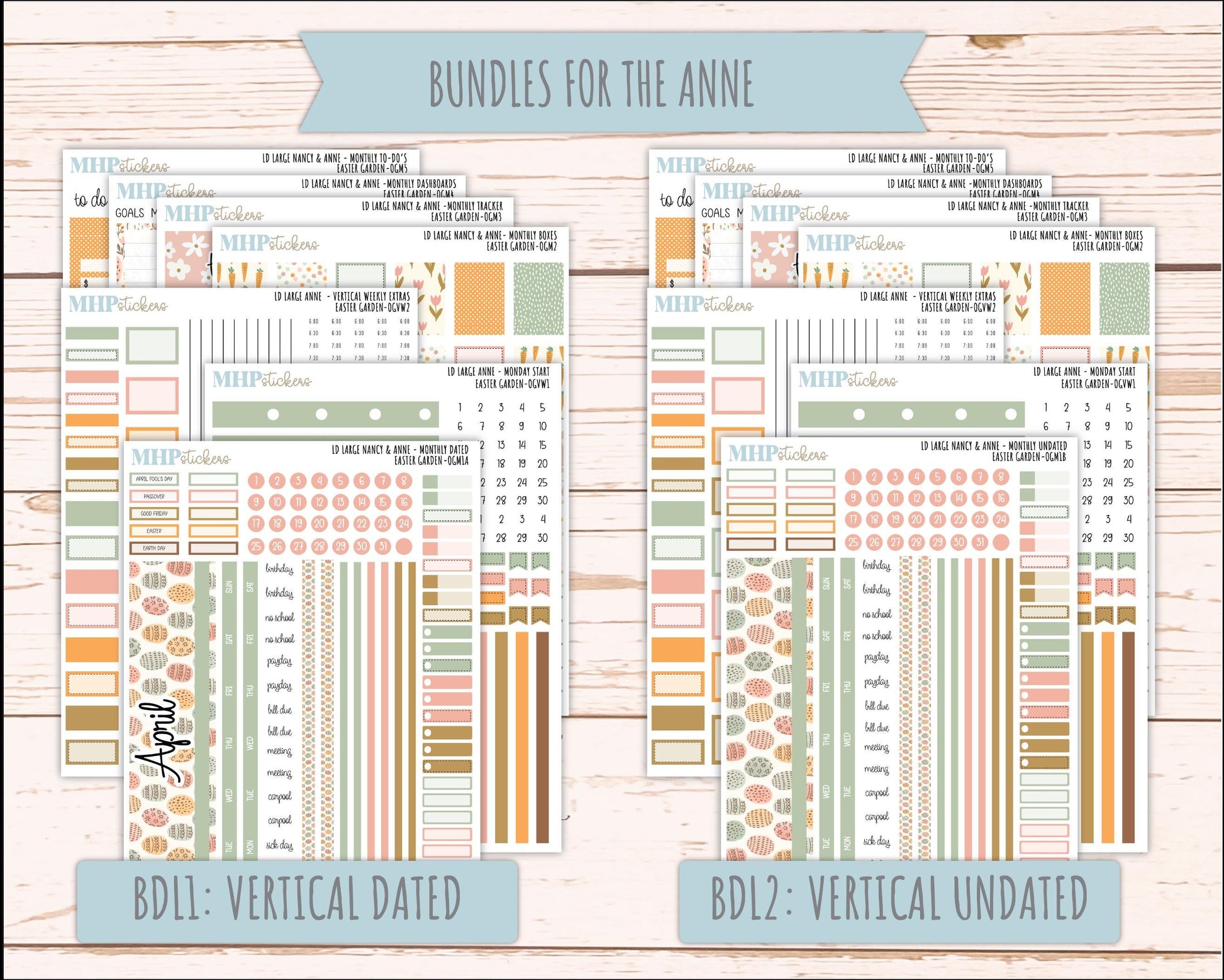 APRIL 2026 Stickers for Large Nancy & Anne Planners (Formerly Original Size). For Laurel Denise Planners. "Easter Garden" || OG