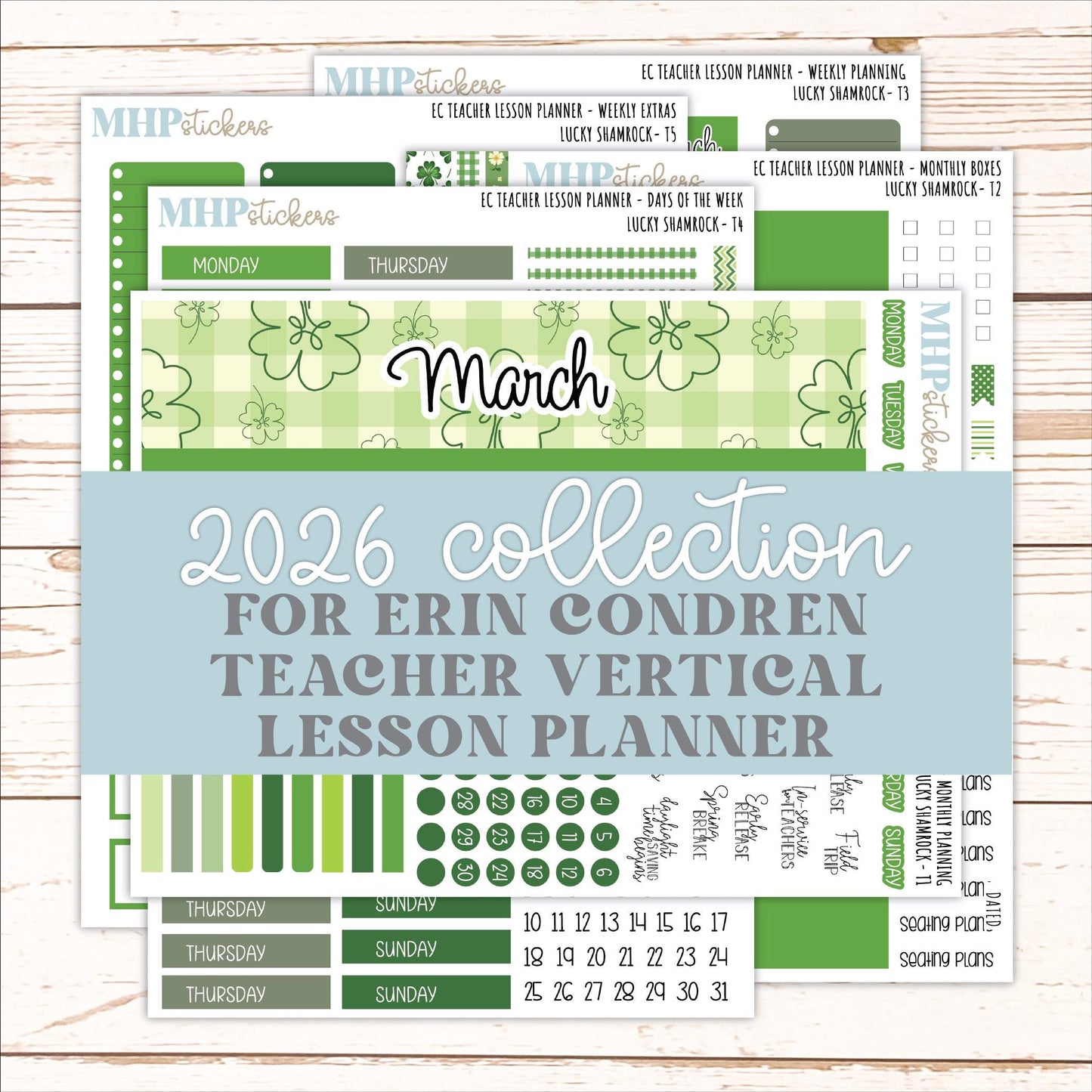 MARCH Stickers for EC Teacher Lesson Planner - Vertical Layout.. 2026 Collection "Lucky Shamrock" || ECT