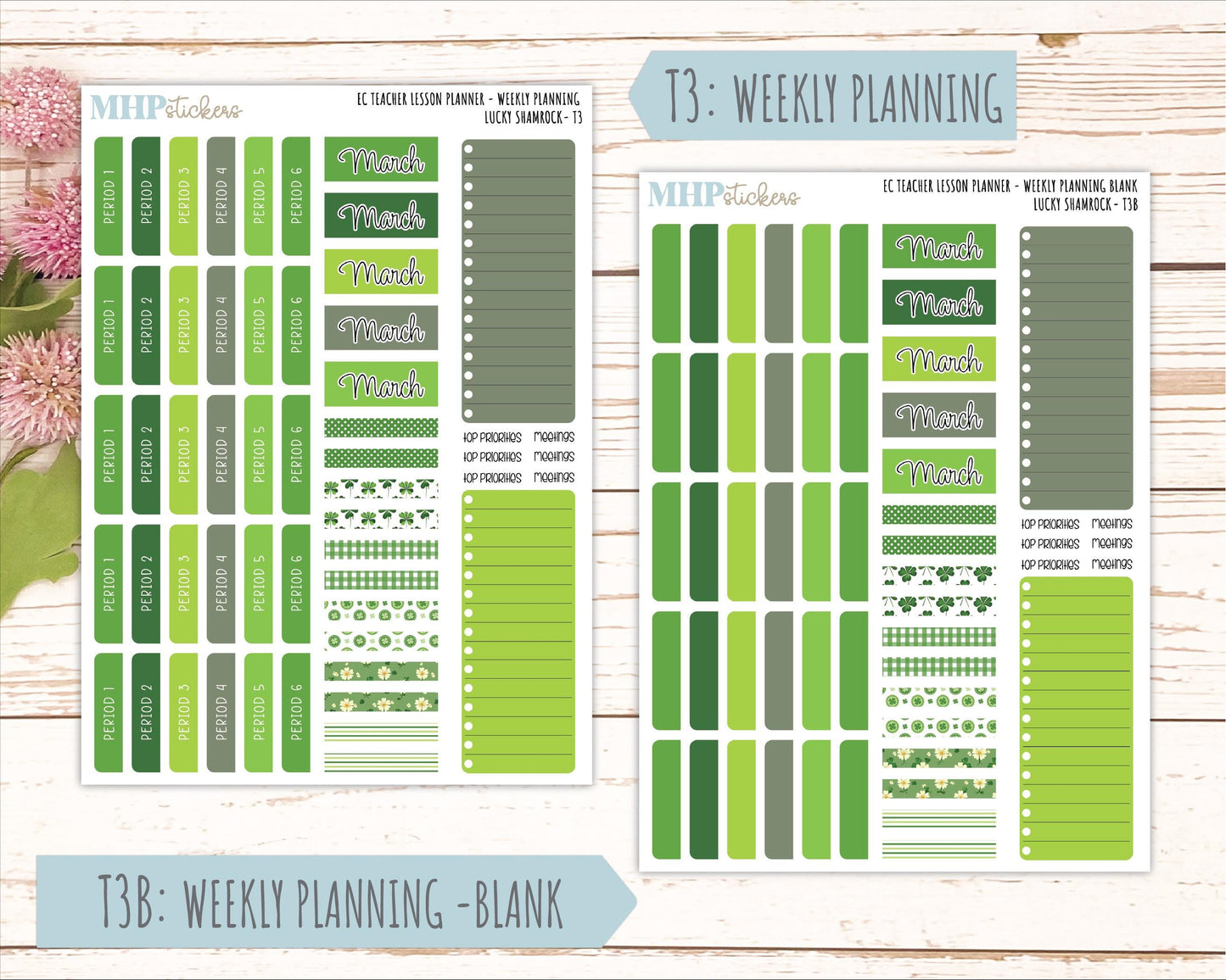 MARCH Stickers for EC Teacher Lesson Planner - Vertical Layout.. 2026 Collection "Lucky Shamrock" || ECT