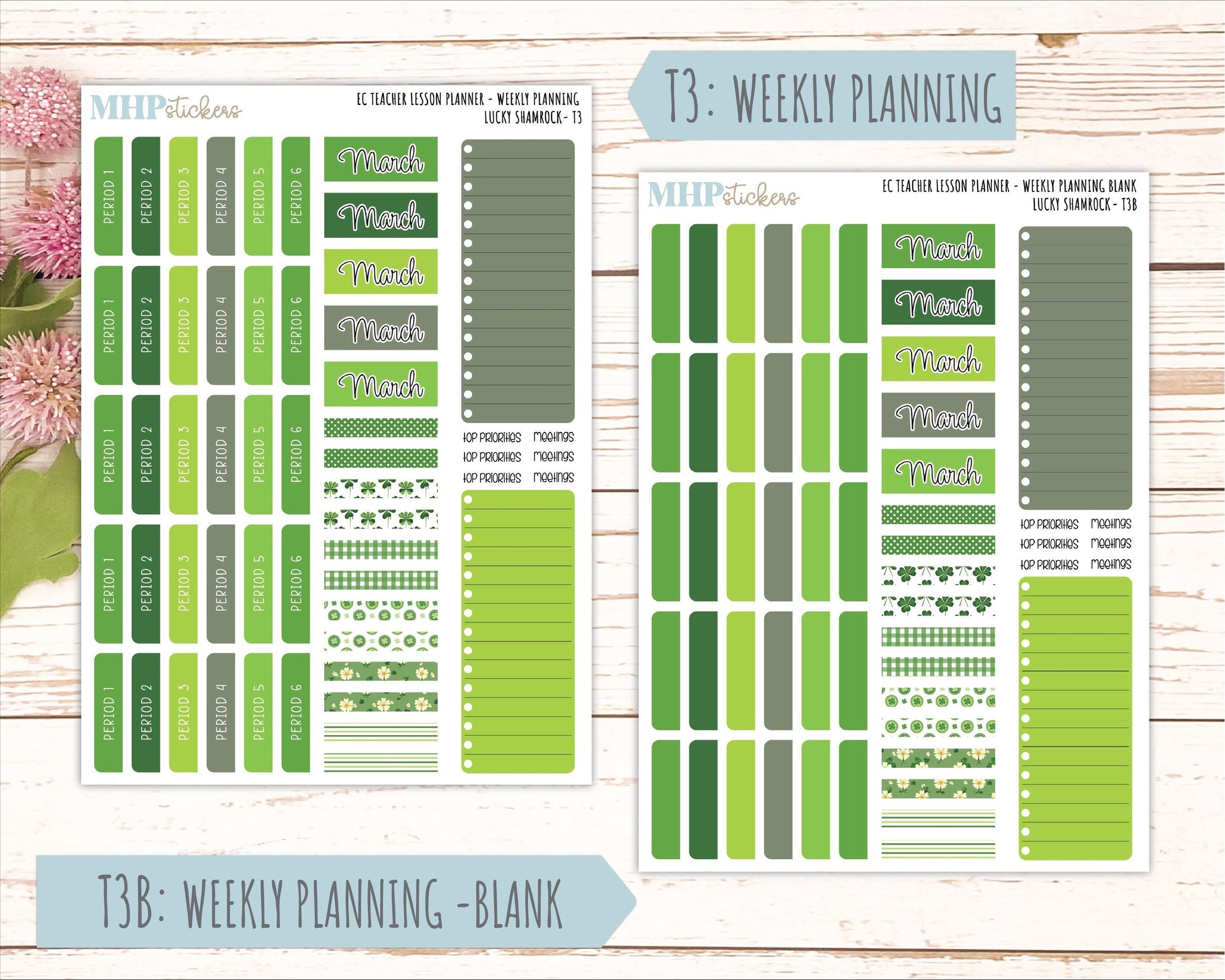 MARCH Stickers for EC Teacher Lesson Planner - Vertical Layout.. 2026 Collection "Lucky Shamrock" || ECT