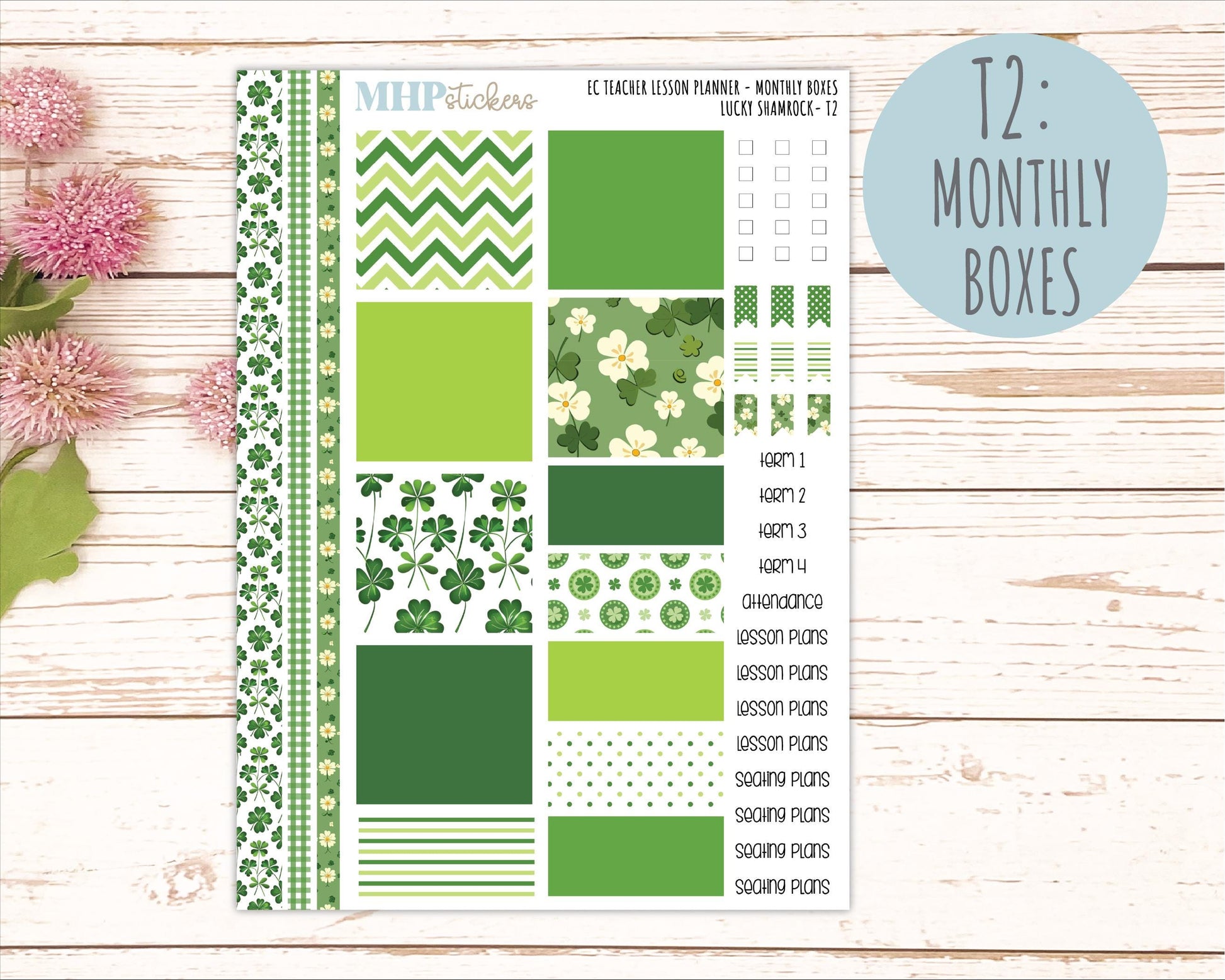 MARCH Stickers for EC Teacher Lesson Planner - Vertical Layout.. 2026 Collection "Lucky Shamrock" || ECT