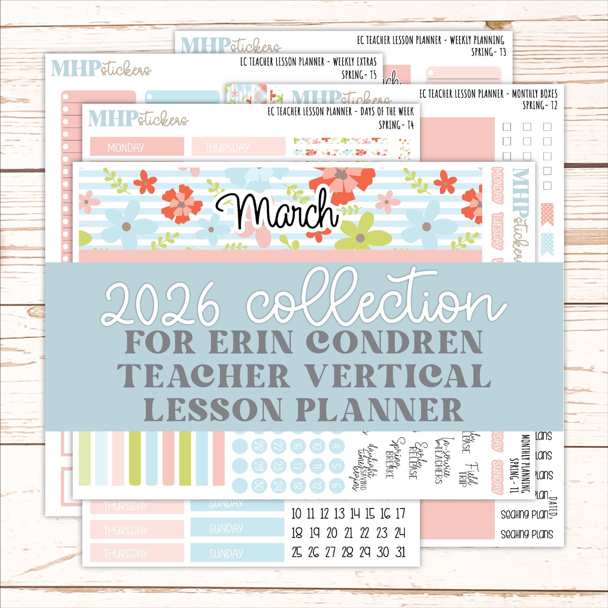MARCH Stickers for EC Teacher Lesson Planner - Vertical Layout. 2026 Collection "Spring" || ECT