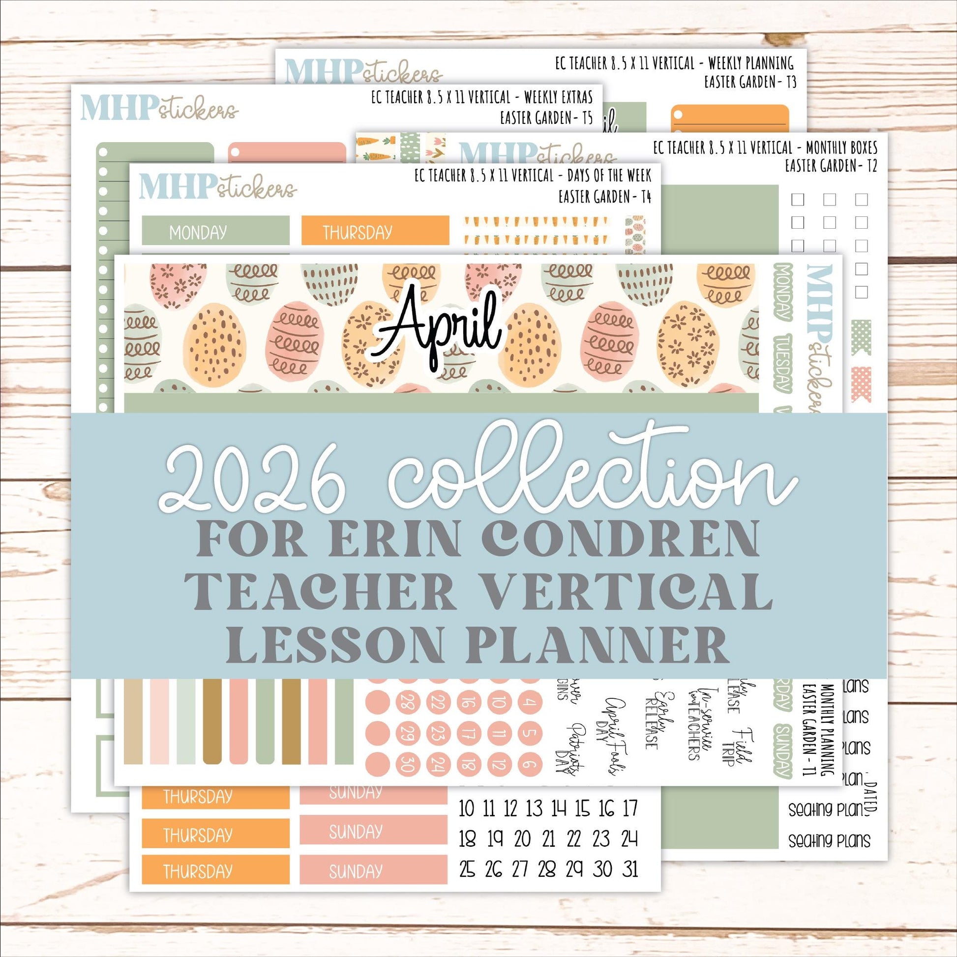 APRIL Stickers for EC Teacher Lesson Planner - Vertical Layout. 2026 Collection "Easter Garden" || ECT