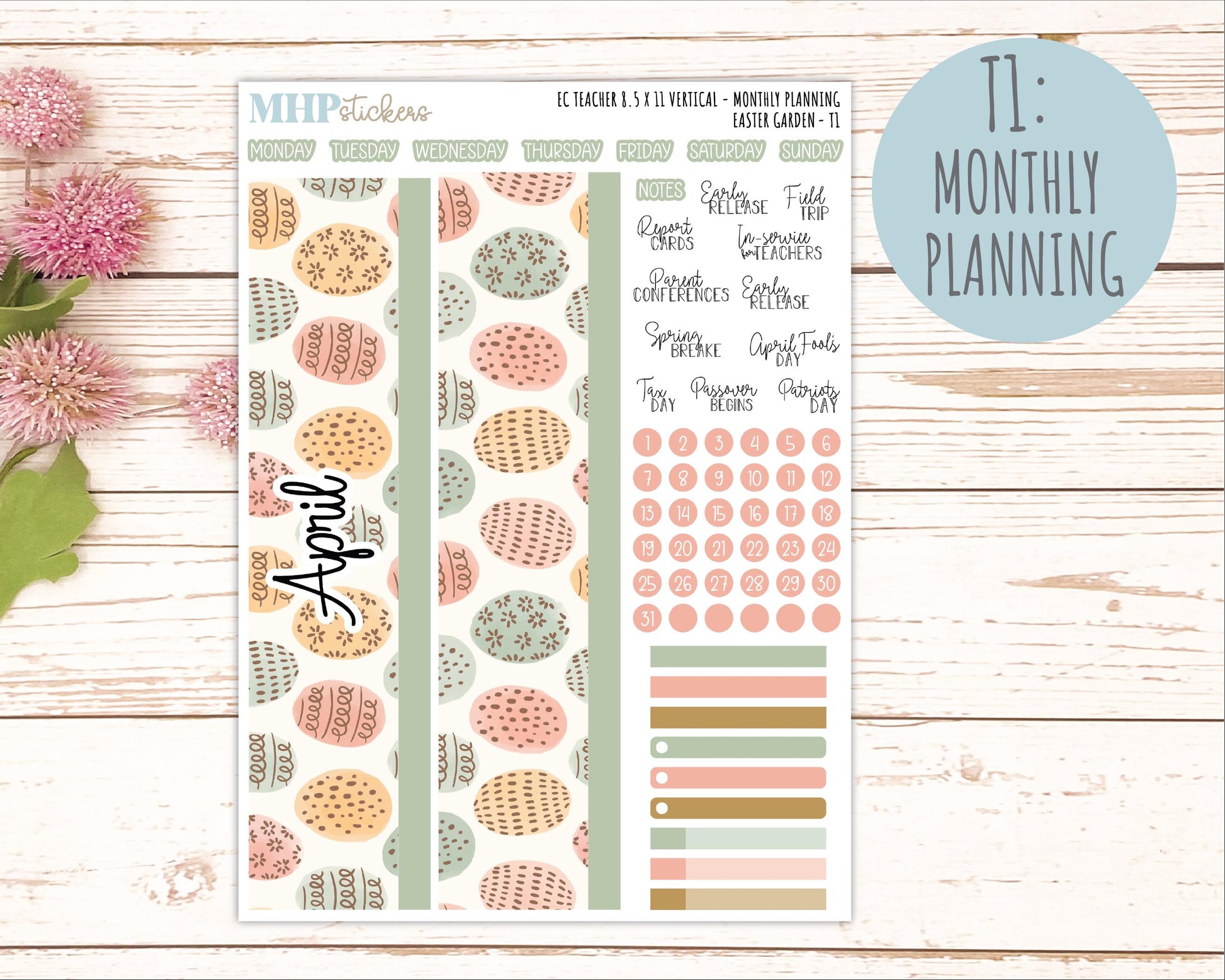 APRIL Stickers for EC Teacher Lesson Planner - Vertical Layout. 2026 Collection "Easter Garden" || ECT
