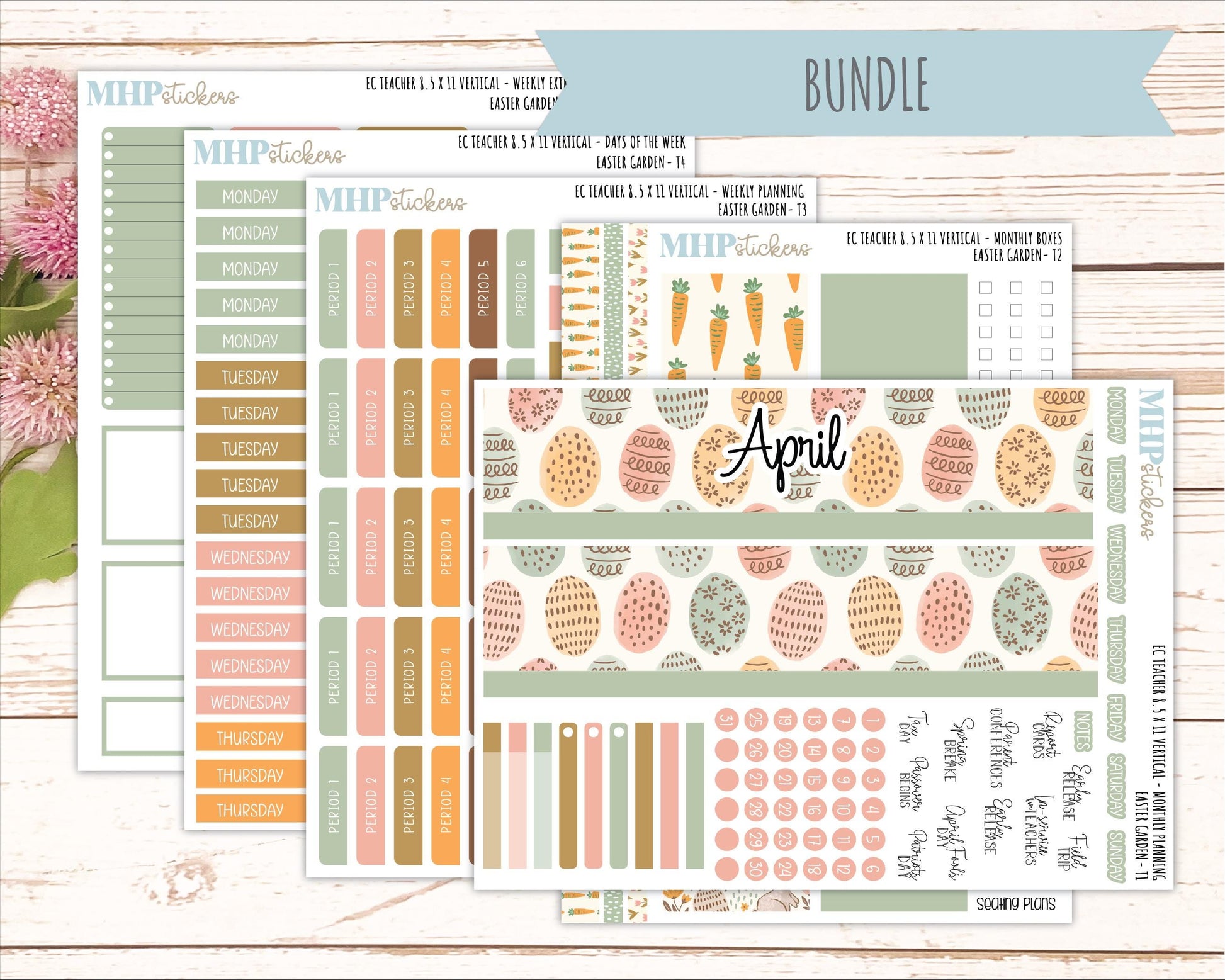 APRIL Stickers for EC Teacher Lesson Planner - Vertical Layout. 2026 Collection "Easter Garden" || ECT