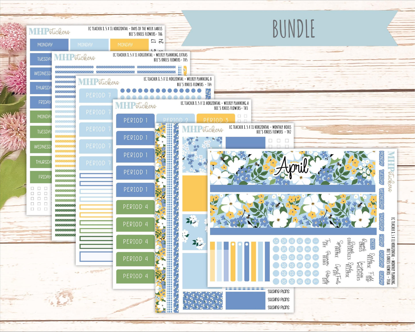 APRIL Stickers for EC Teacher Lesson Planner - Horizontal Layout. 2026 Collection "Bee's Knees Flowers" || ECTH