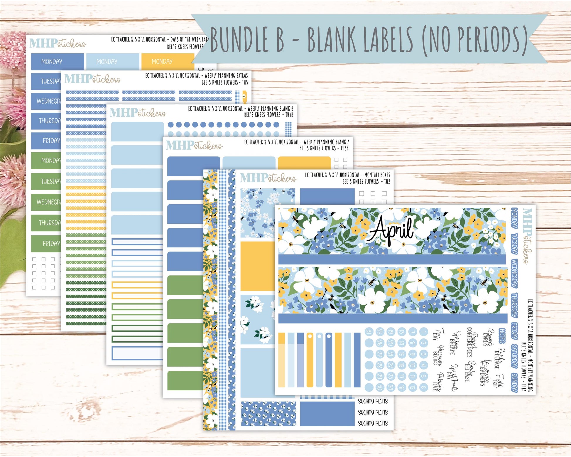 APRIL Stickers for EC Teacher Lesson Planner - Horizontal Layout. 2026 Collection "Bee's Knees Flowers" || ECTH