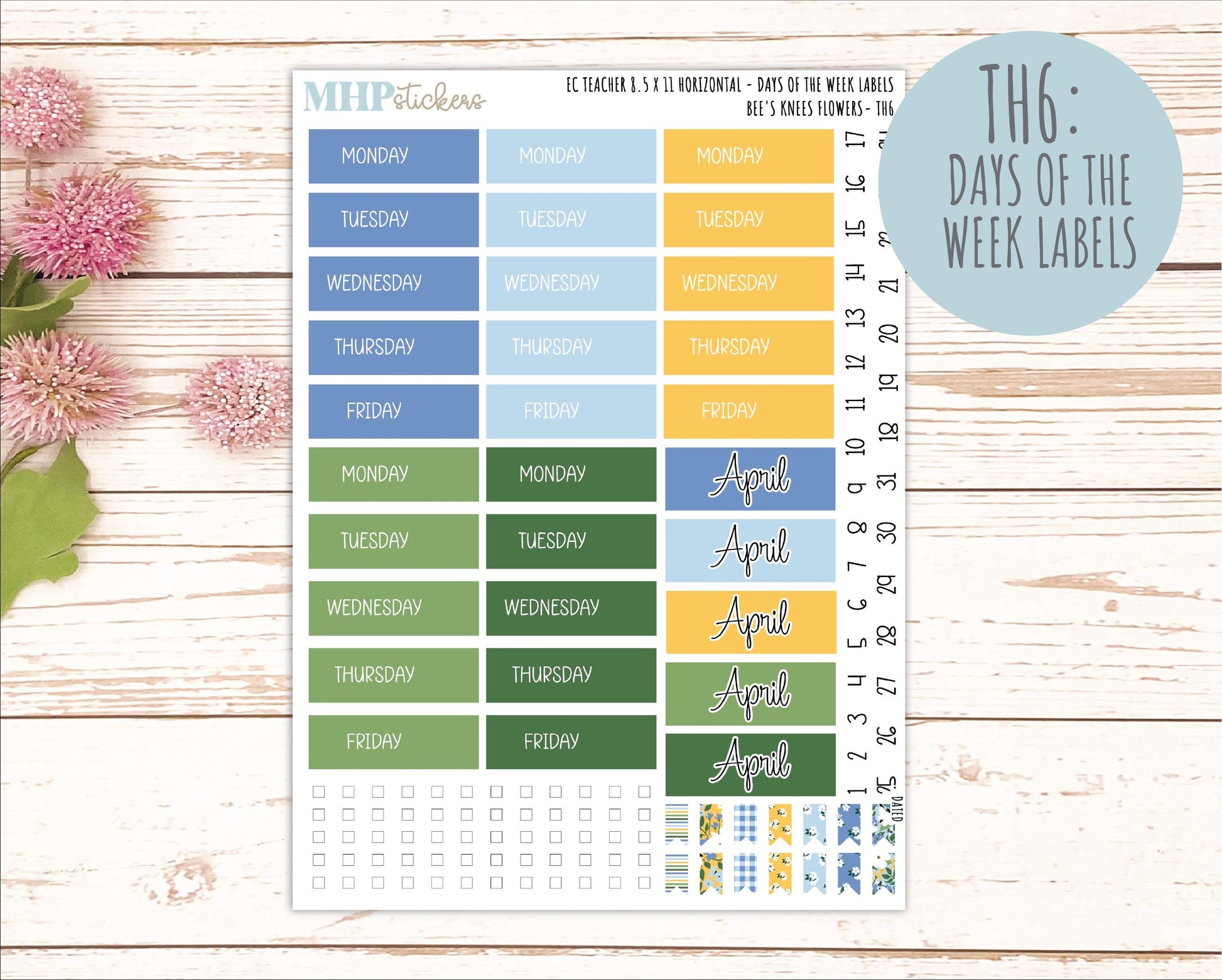 APRIL Stickers for EC Teacher Lesson Planner - Horizontal Layout. 2026 Collection "Bee's Knees Flowers" || ECTH