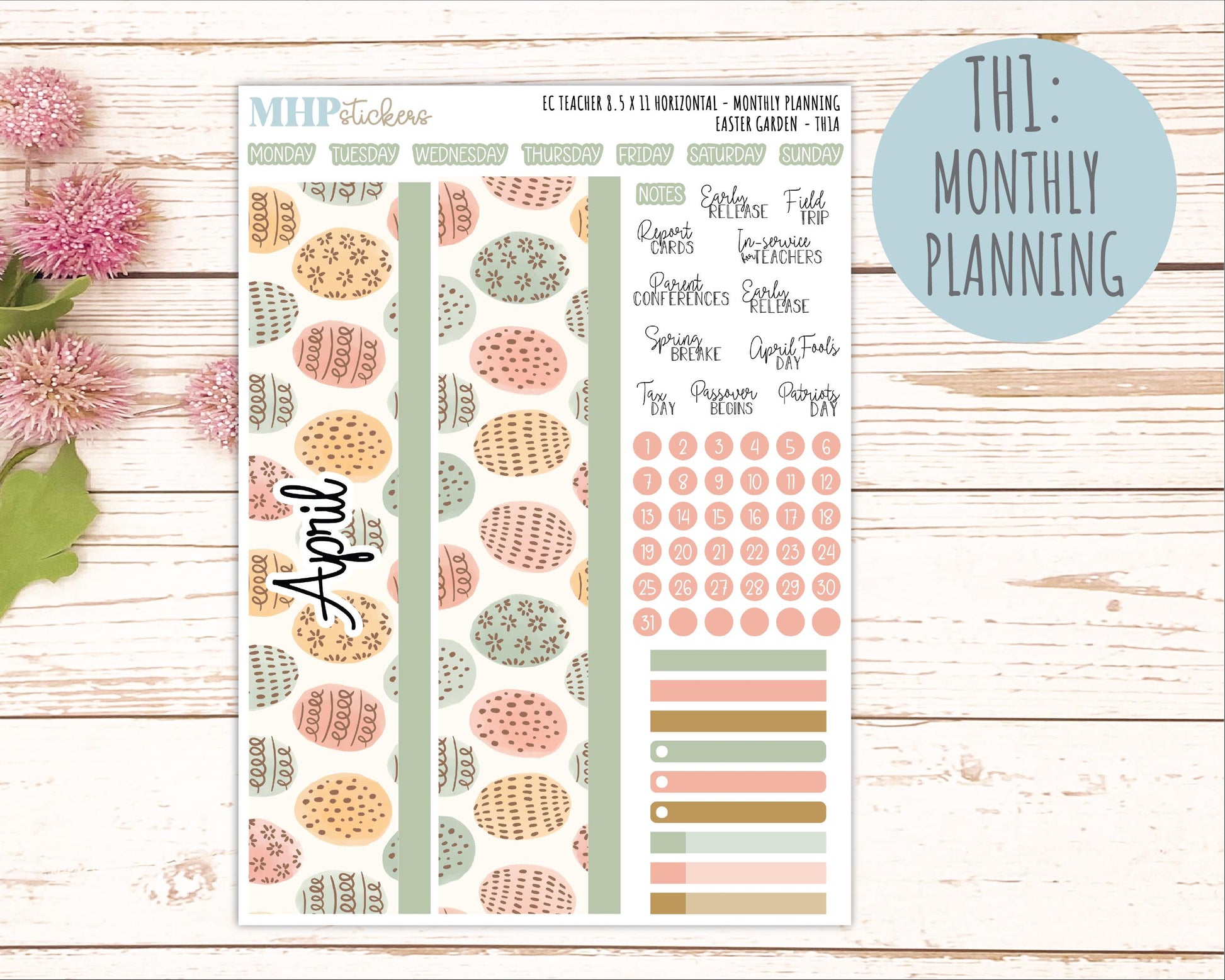 APRIL Stickers for EC Teacher Lesson Planner - Horizontal Layout. 2026 Collection "Easter Garden" || ECTH