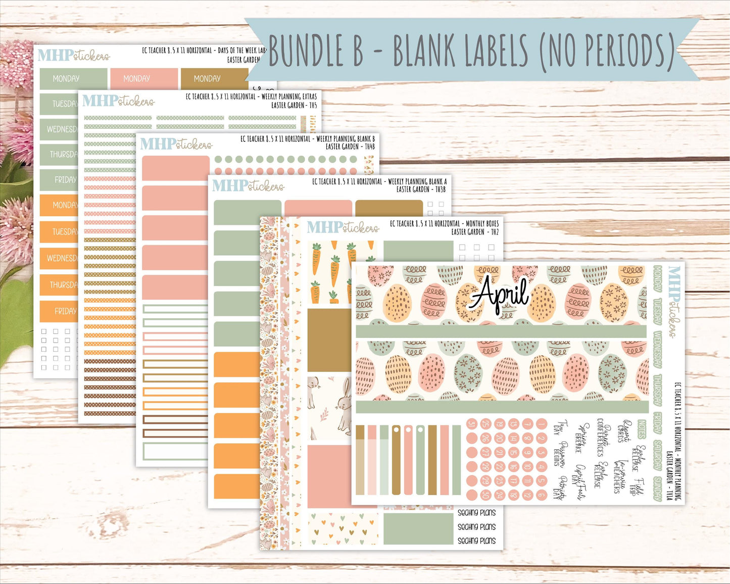 APRIL Stickers for EC Teacher Lesson Planner - Horizontal Layout. 2026 Collection "Easter Garden" || ECTH