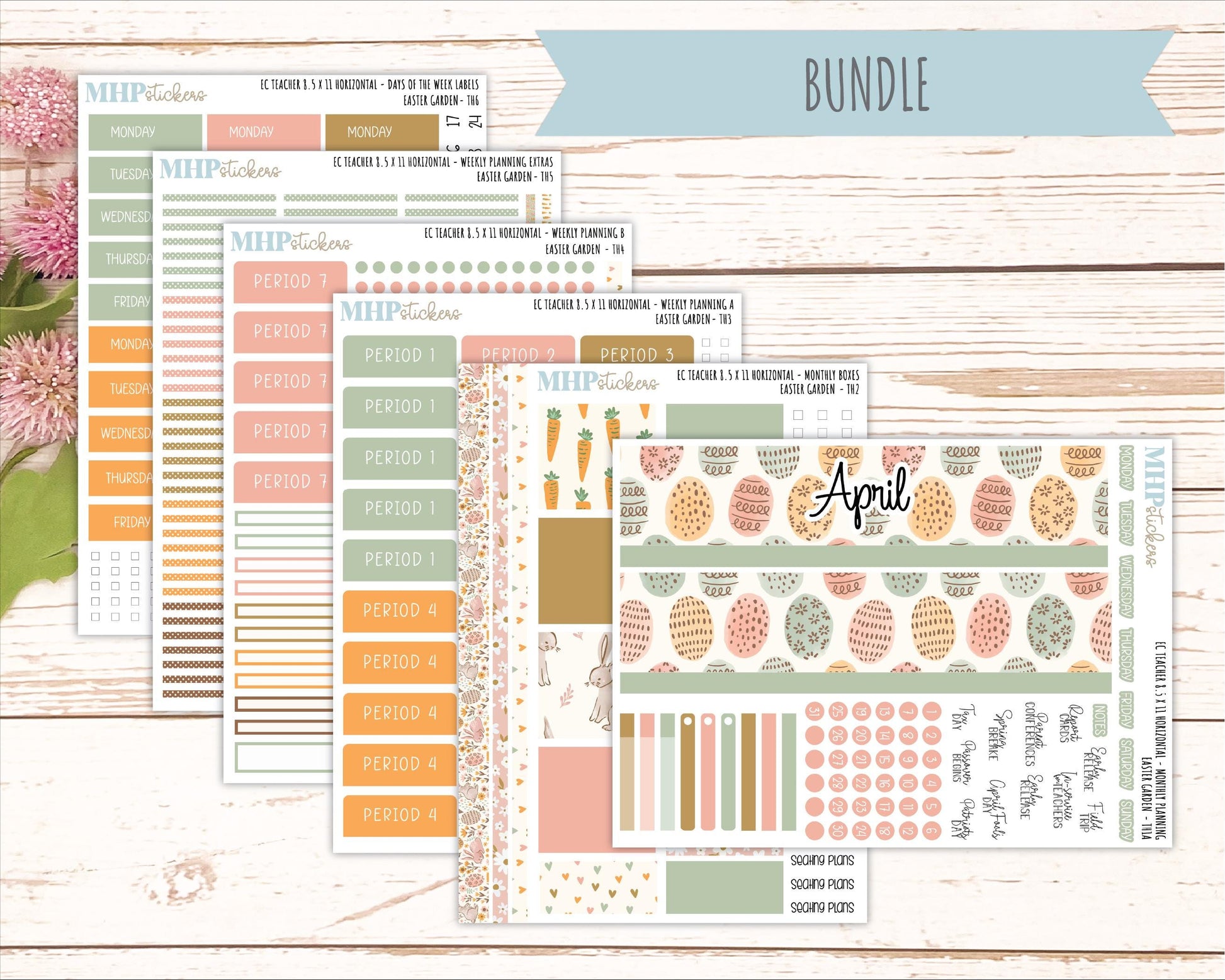 APRIL Stickers for EC Teacher Lesson Planner - Horizontal Layout. 2026 Collection "Easter Garden" || ECTH