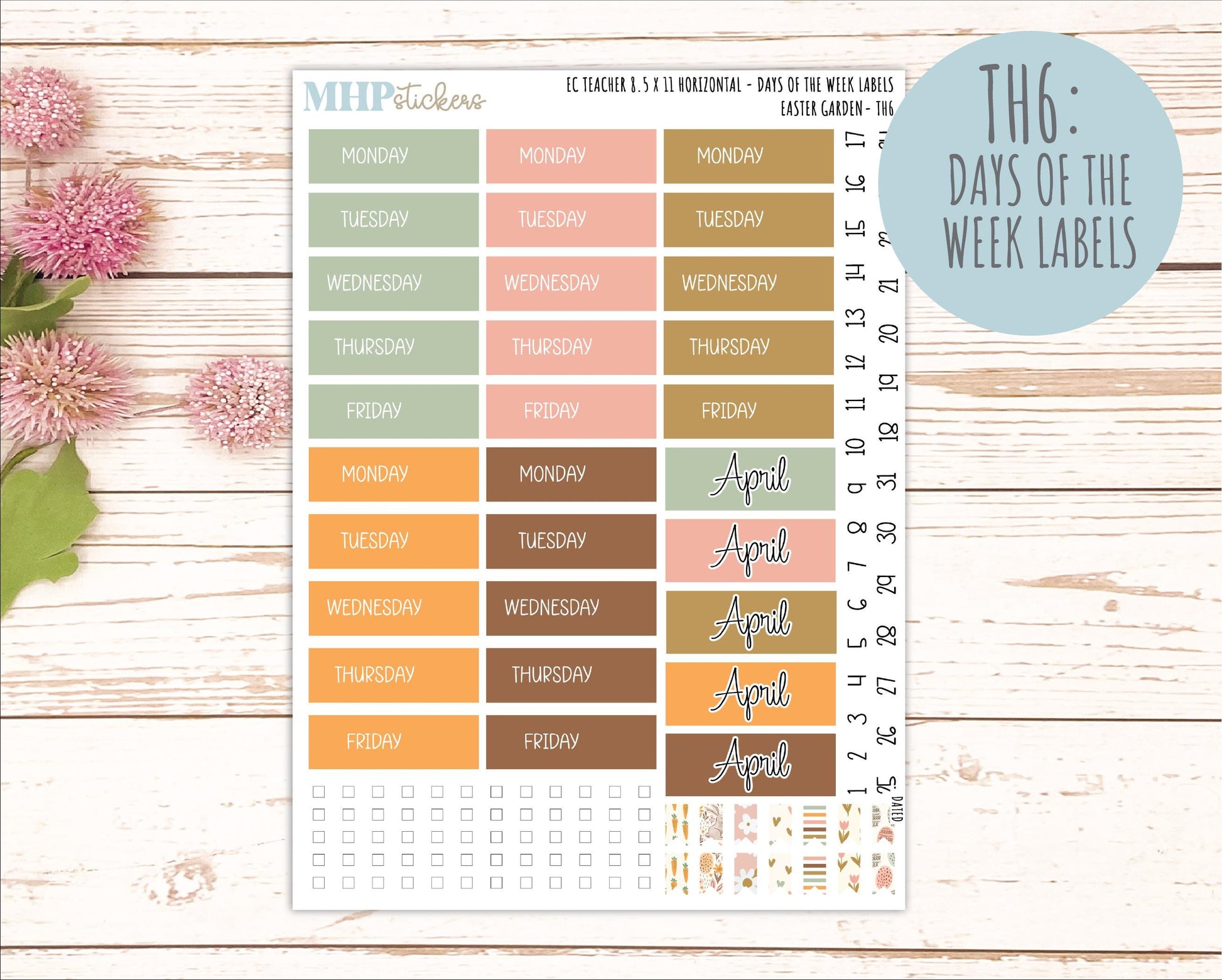 APRIL Stickers for EC Teacher Lesson Planner - Horizontal Layout. 2026 Collection "Easter Garden" || ECTH