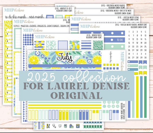 JULY 2025 Stickers for Large size Horizontal & Vertical Laurel Denise Planners. (Formerly Original Size) "Blueberry Lemon" || OGBL