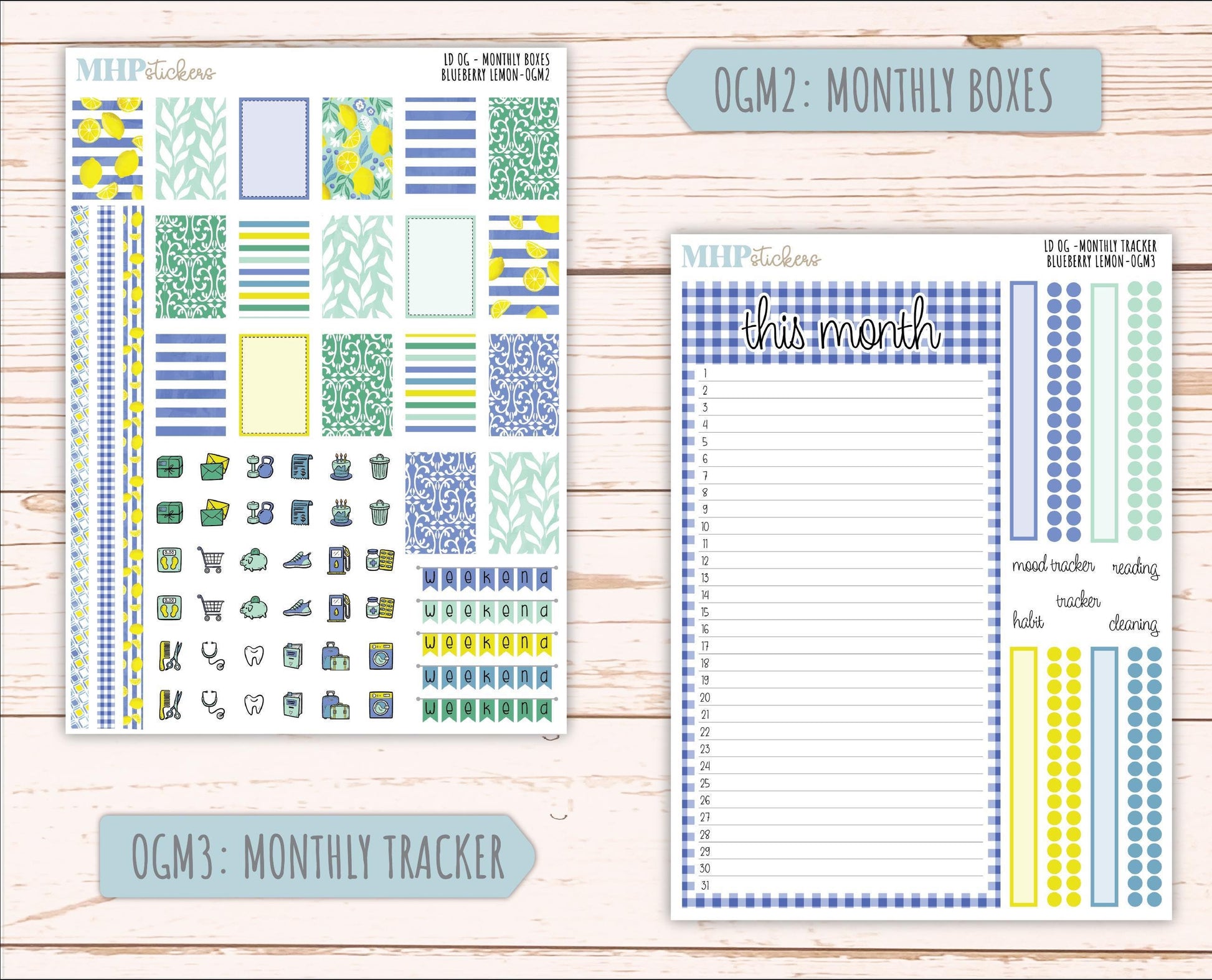 JULY 2025 Stickers for Large size Horizontal & Vertical Laurel Denise Planners. (Formerly Original Size) "Blueberry Lemon" || OGBL