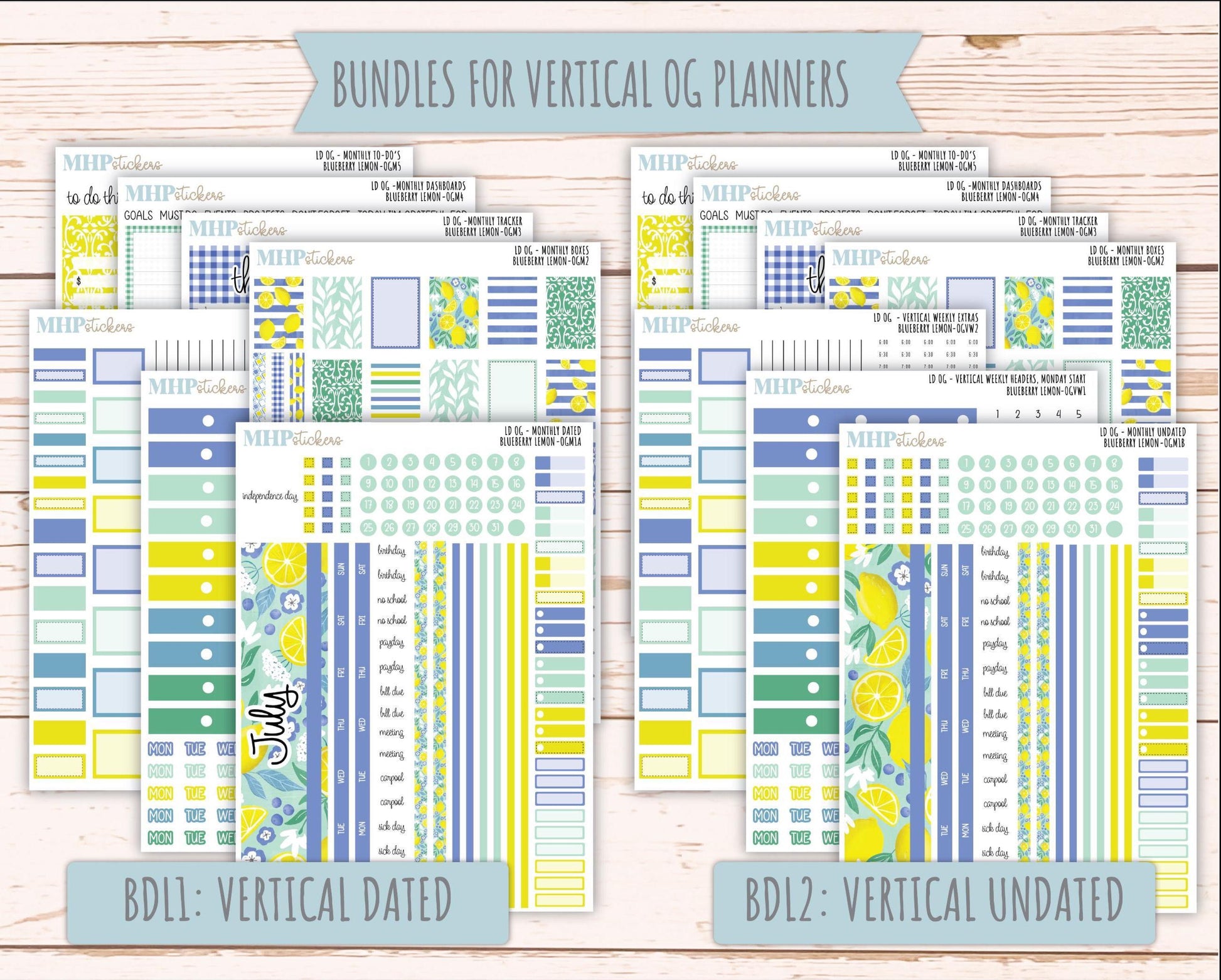 JULY 2025 Stickers for Large size Horizontal & Vertical Laurel Denise Planners. (Formerly Original Size) "Blueberry Lemon" || OGBL
