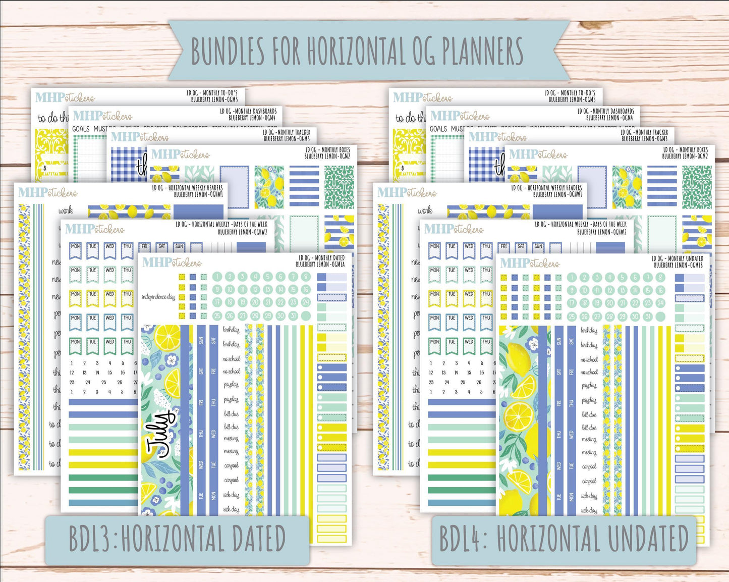 JULY 2025 Stickers for Large size Horizontal & Vertical Laurel Denise Planners. (Formerly Original Size) "Blueberry Lemon" || OGBL