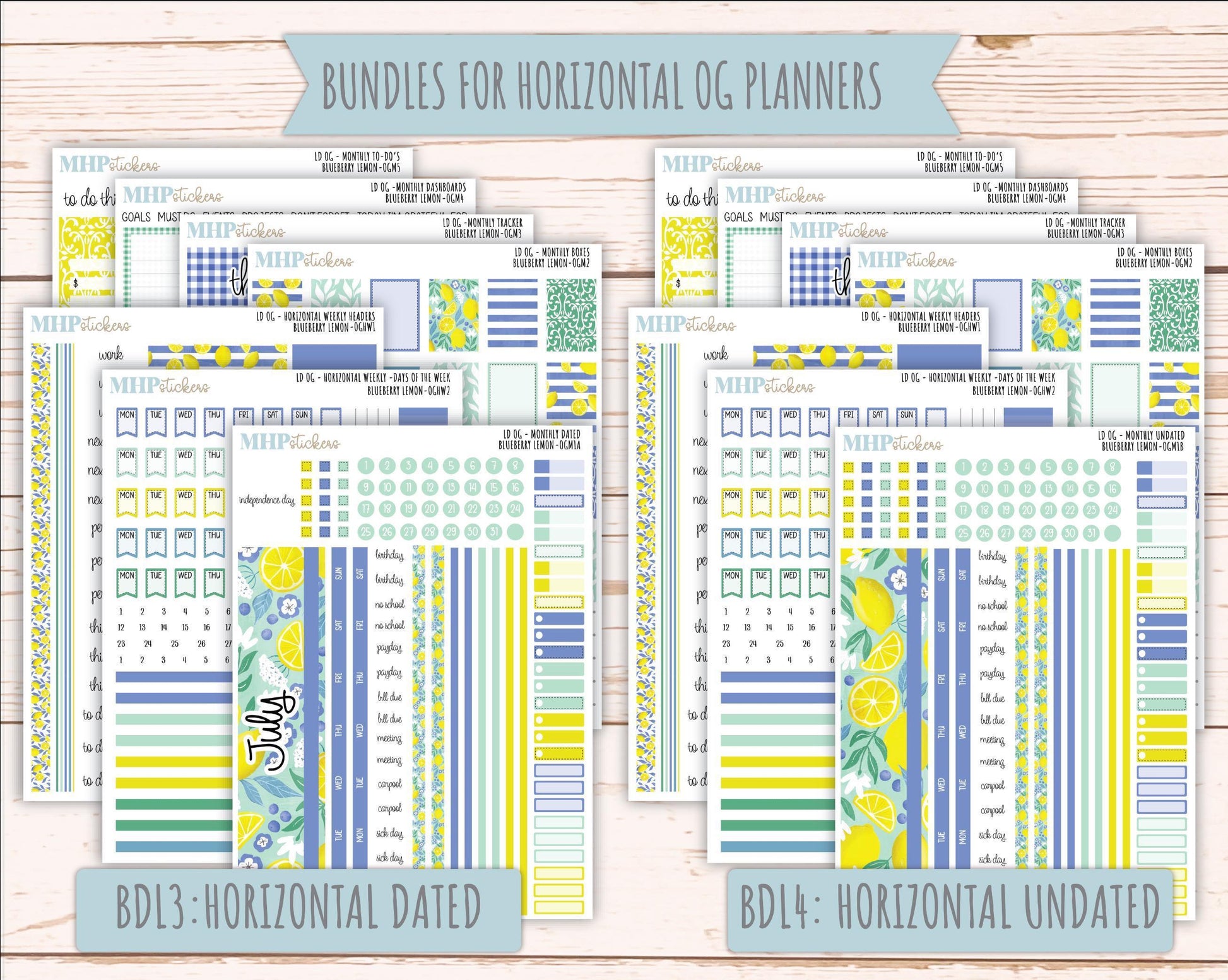 JULY 2025 Stickers for Large size Horizontal & Vertical Laurel Denise Planners. (Formerly Original Size) "Blueberry Lemon" || OGBL