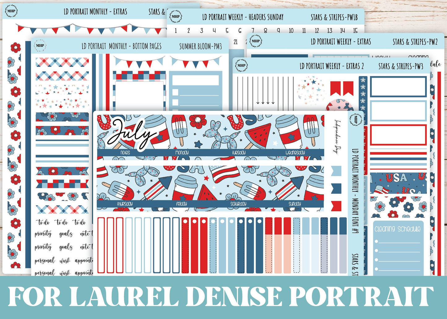 JULY Stickers for The Scout Laurel Denise Planner (formerly Portrait Planner). "Stars and Stripes" || PS&S