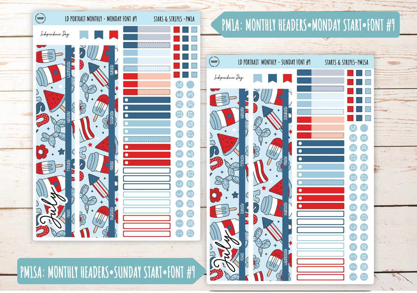 JULY Stickers for The Scout Laurel Denise Planner (formerly Portrait Planner). "Stars and Stripes" || PS&S