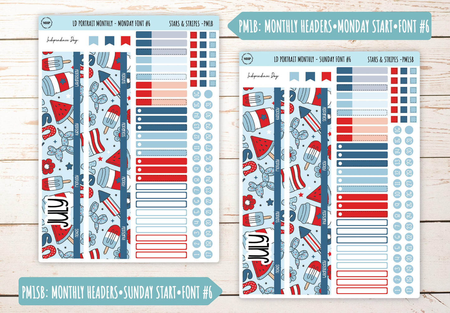 JULY Stickers for The Scout Laurel Denise Planner (formerly Portrait Planner). "Stars and Stripes" || PS&S