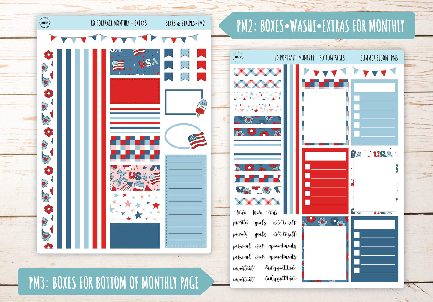 JULY Stickers for The Scout Laurel Denise Planner (formerly Portrait Planner). "Stars and Stripes" || PS&S