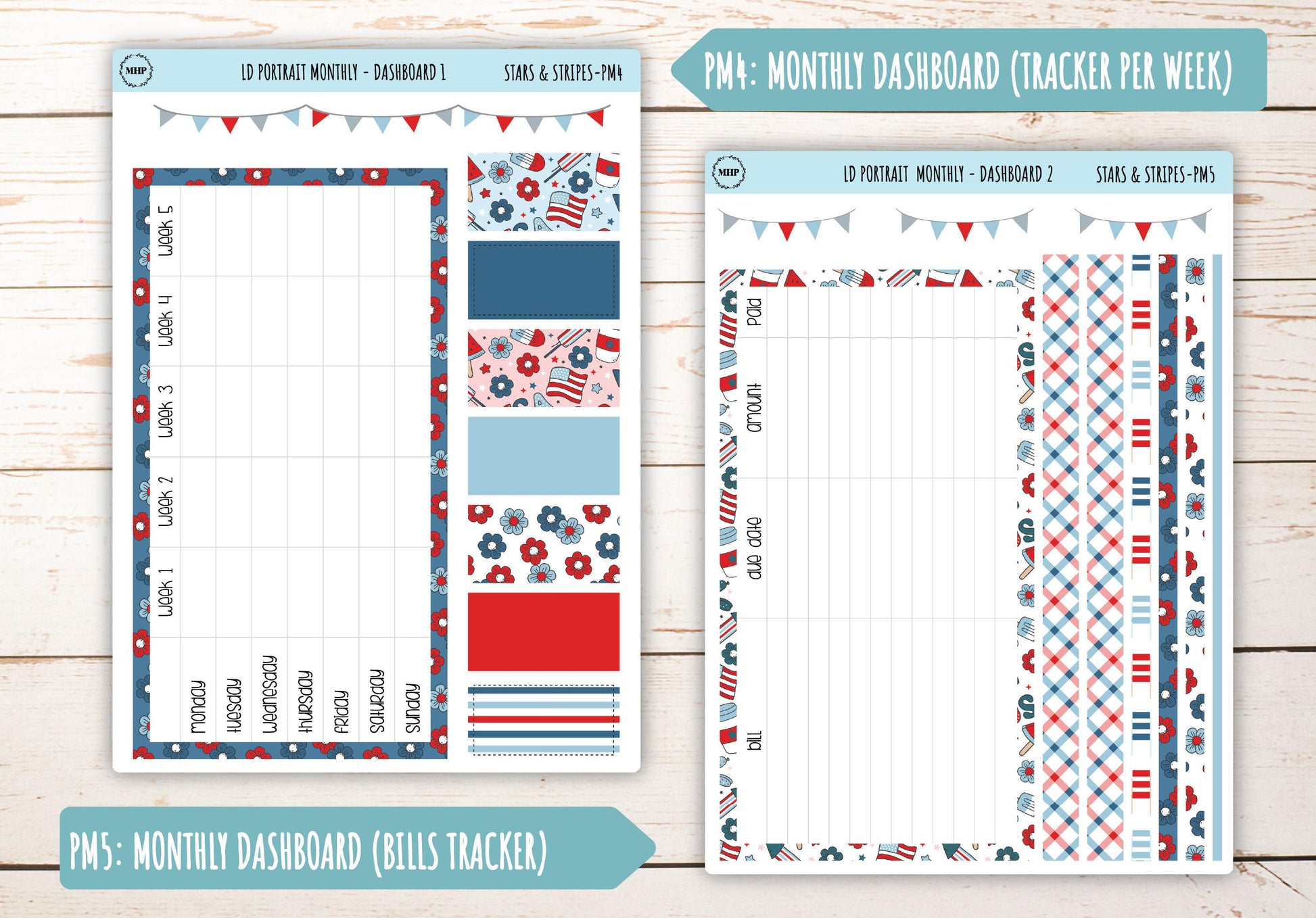 JULY Stickers for The Scout Laurel Denise Planner (formerly Portrait Planner). "Stars and Stripes" || PS&S