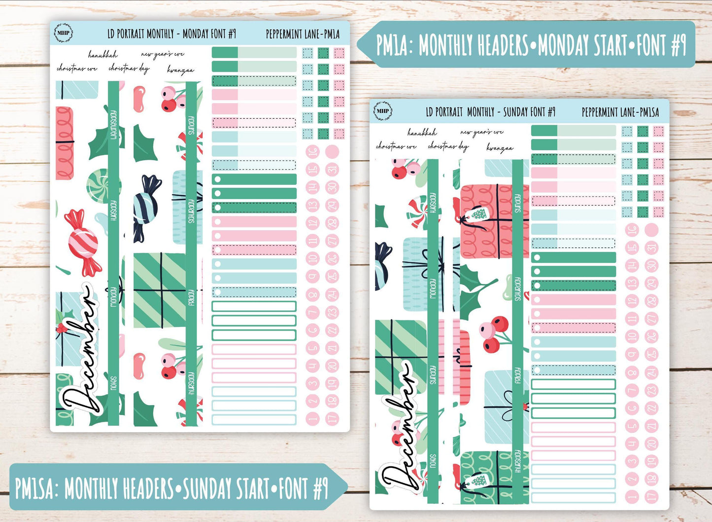 DECEMBER Stickers for The Scout Laurel Denise Planner (formerly Portrait Planner). "Peppermint Lane" || PPL